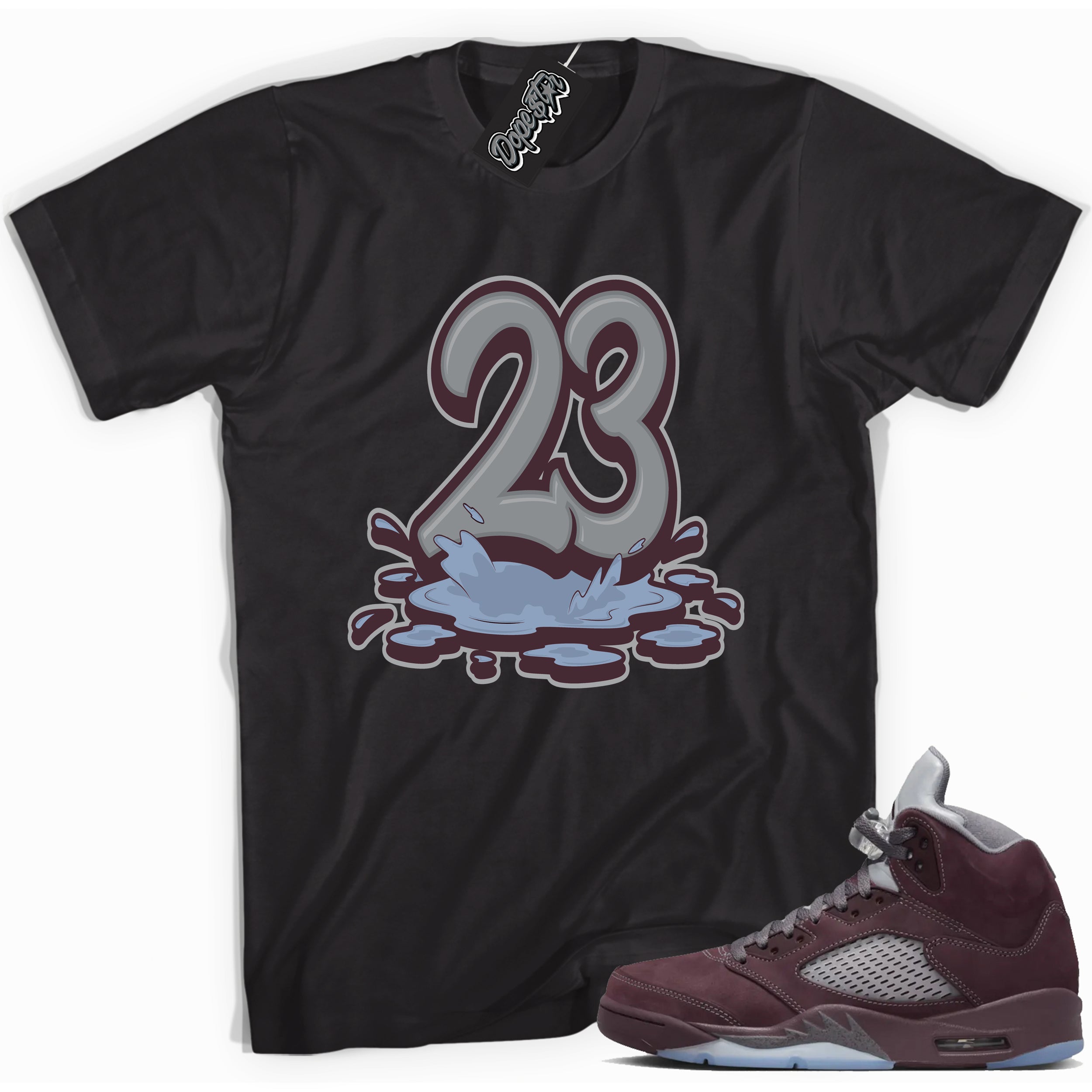 Cool Black graphic tee with “ 23 Melting ” print, that perfectly matches Air Jordan 5 Burgundy 2023 sneakers
