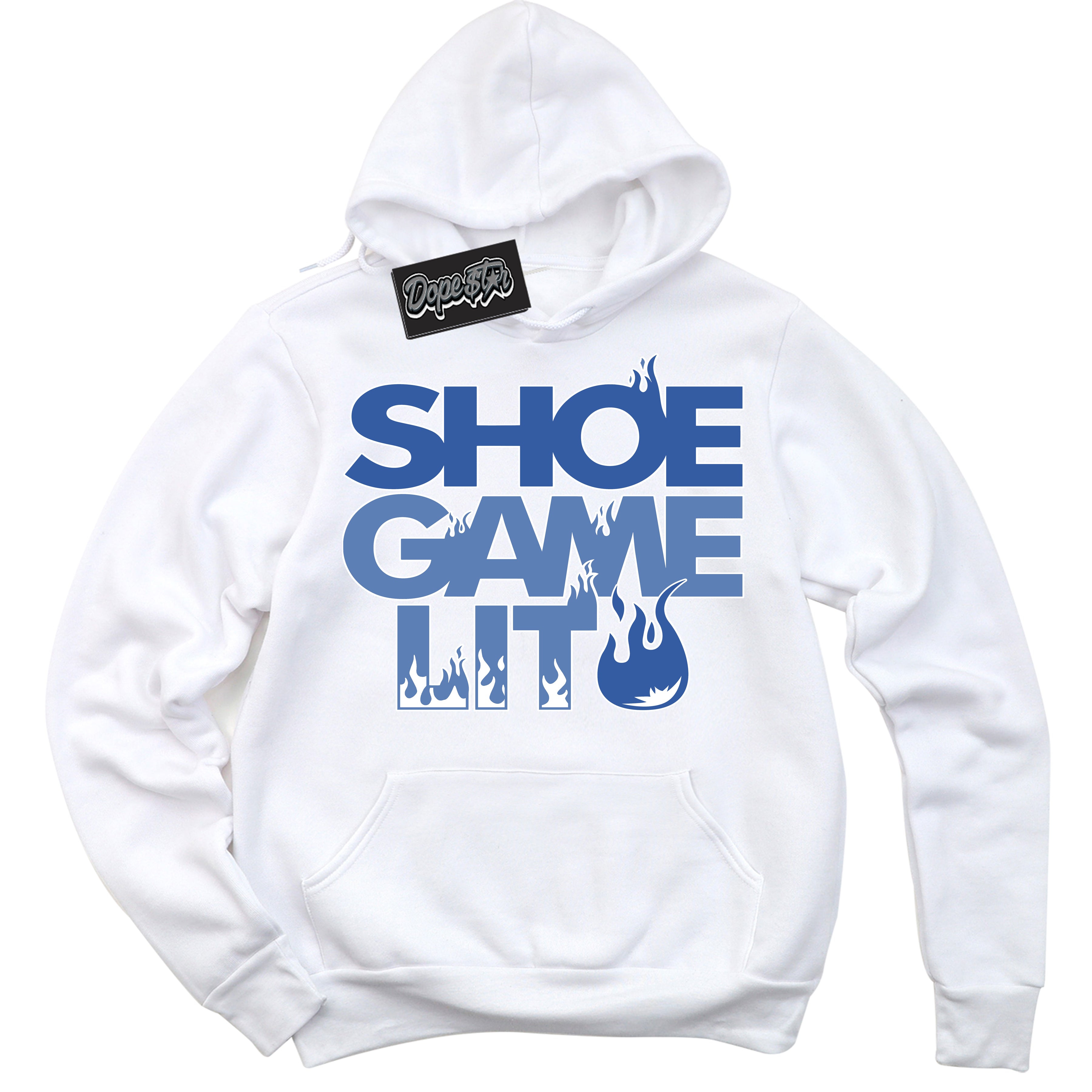 Cool White Hoodie with “ Shoe Game Lit '' design that Perfectly Matches  Twist University Blue Sneakers.