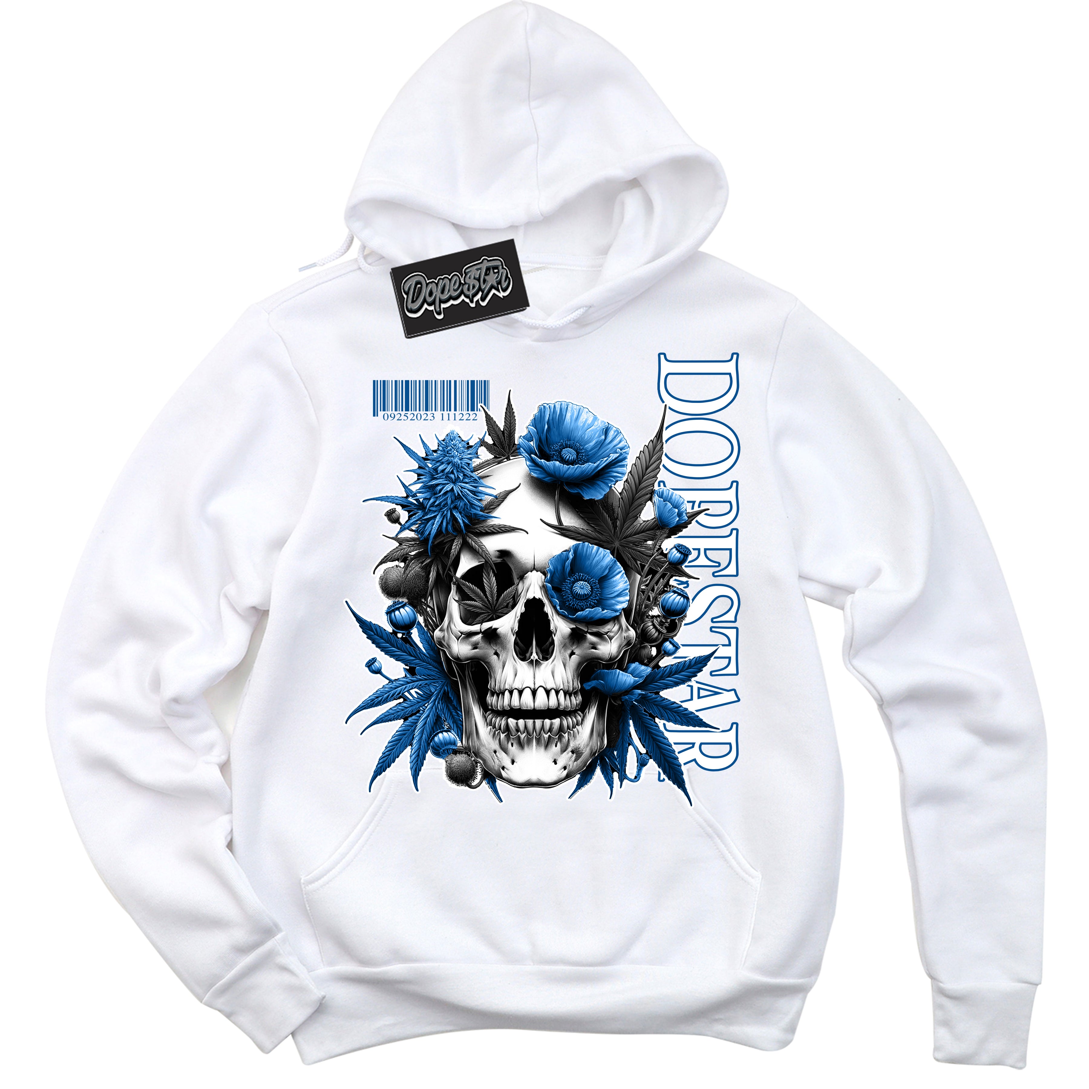 Cool White Hoodie with “ Skull Poppies ” design that Perfectly Matches Military Blue 4s Sneakers.