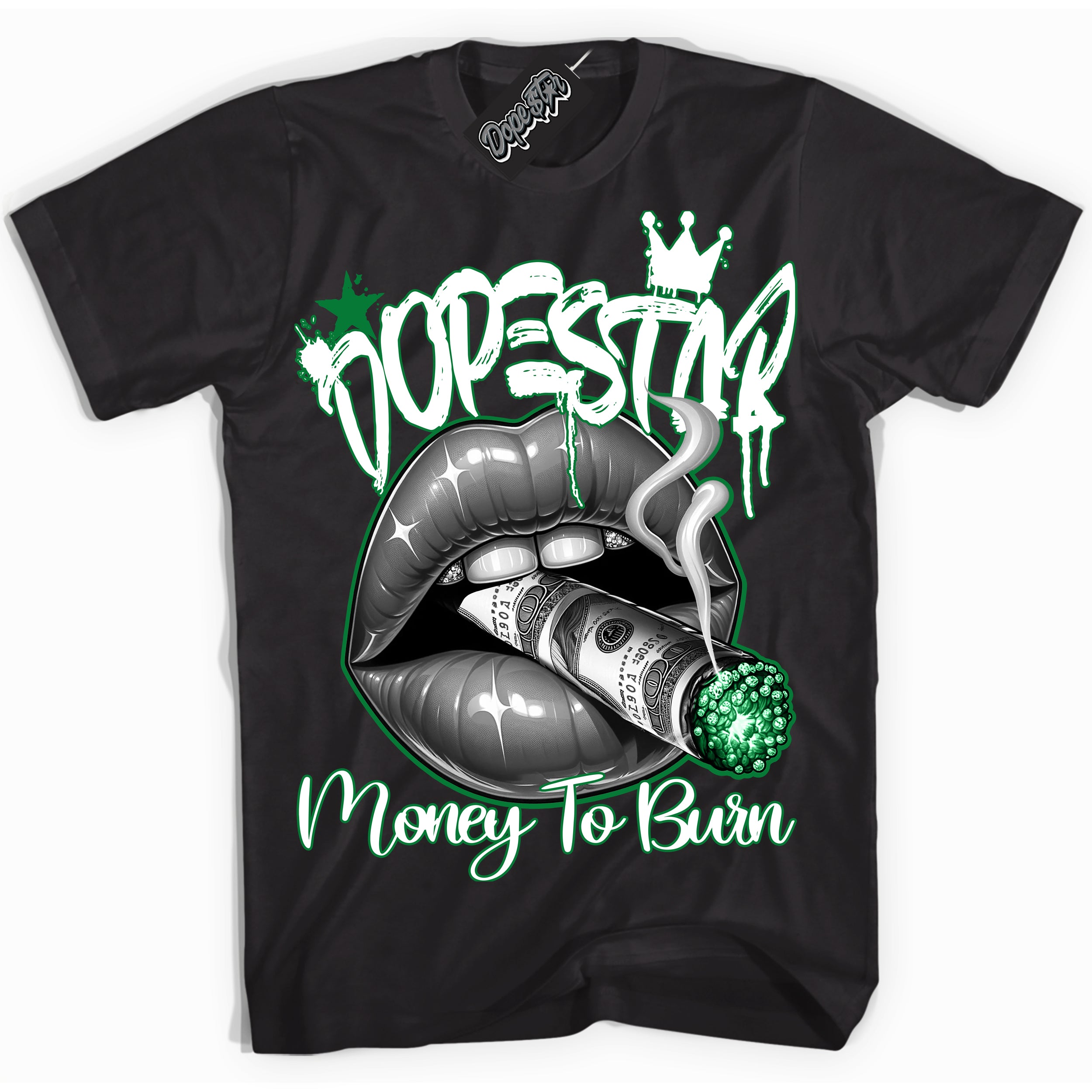 Cool Black Shirt with “ Money To Burn” design that perfectly matches Lucky Green 5s Sneakers.