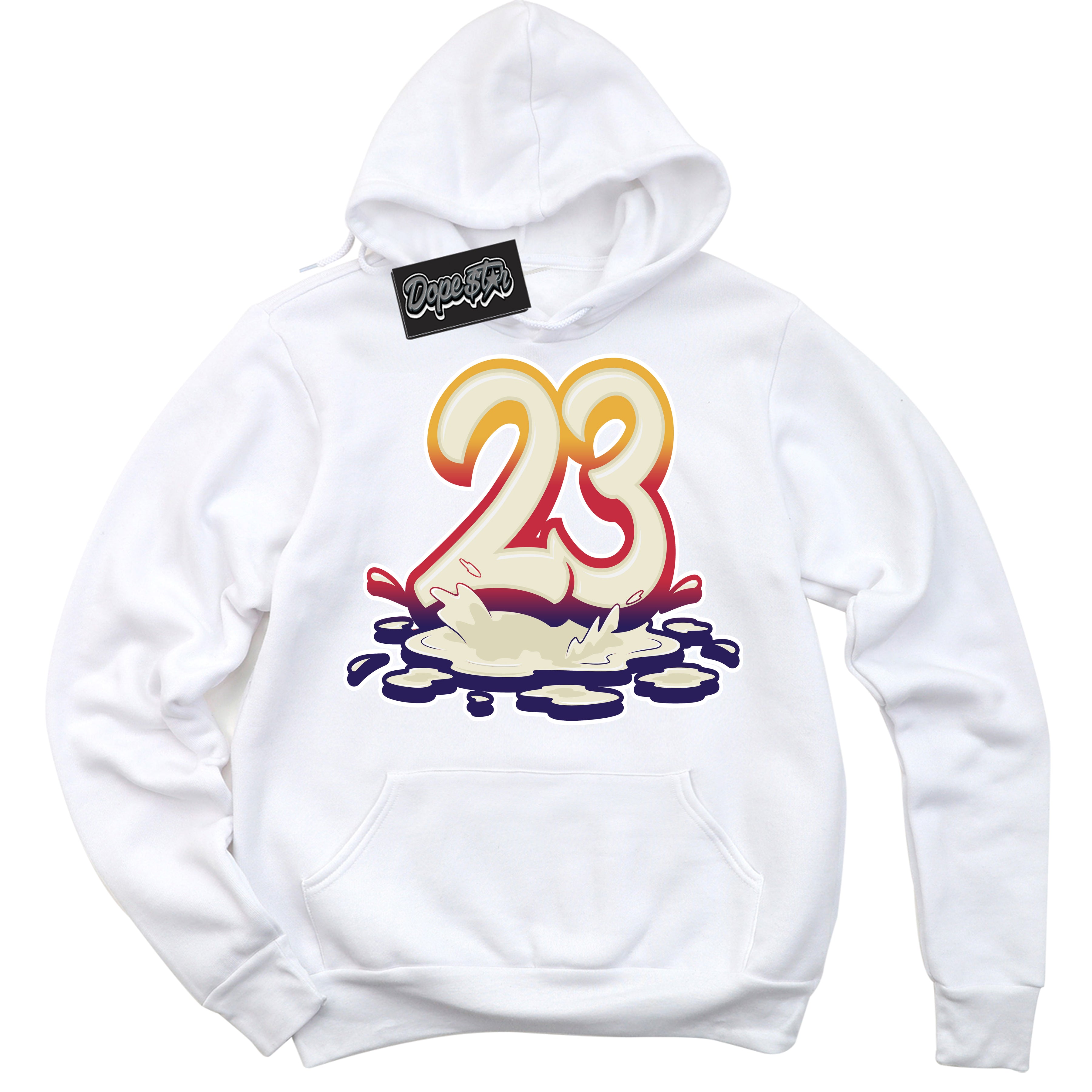Cool White Hoodie with “ 23 Melting ”  design that Perfectly Matches J Balvin Sunset 3s Jordans.