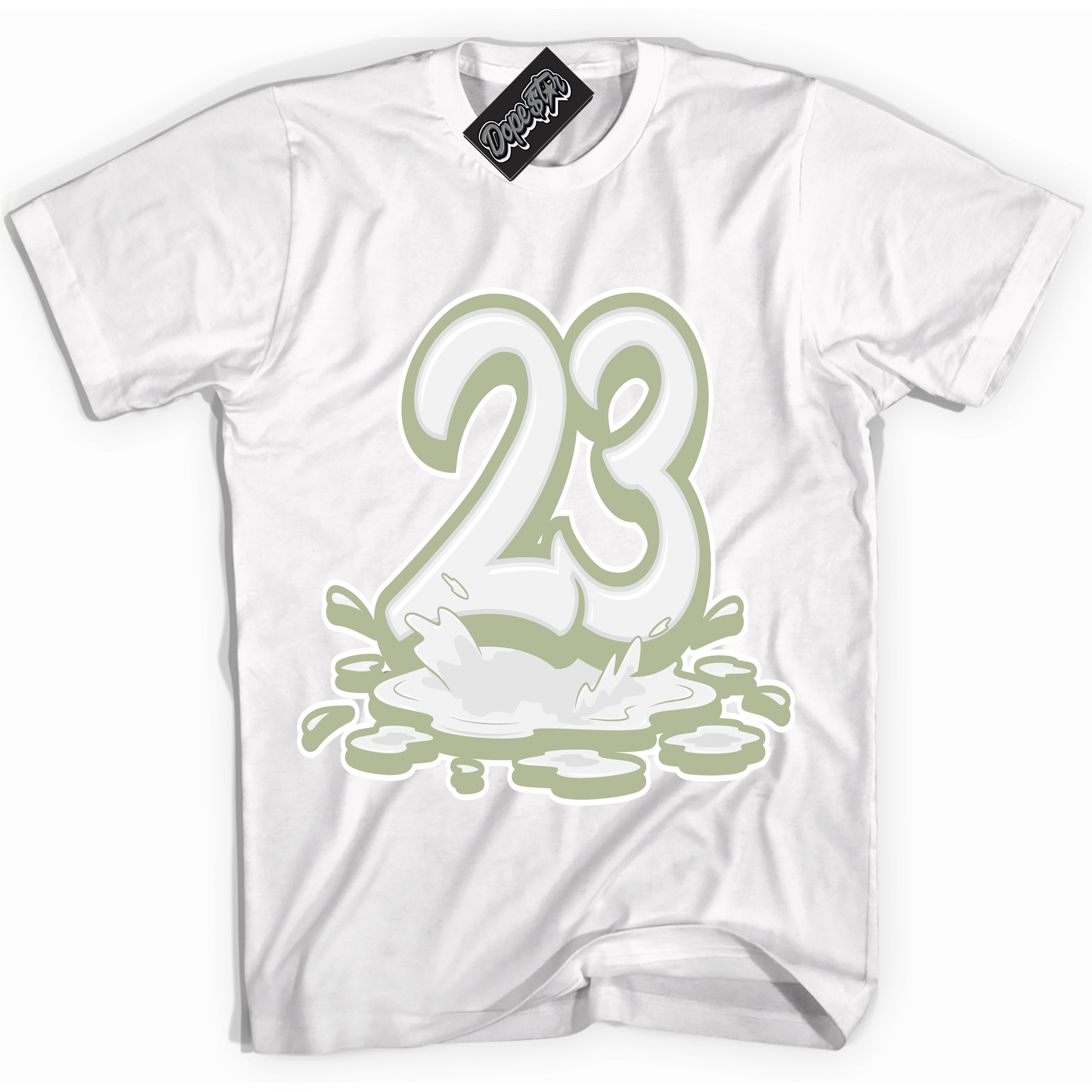 Cool White Shirt with “ 23 Melting ” design that perfectly matches Next Nature Olive Aura Dunks.