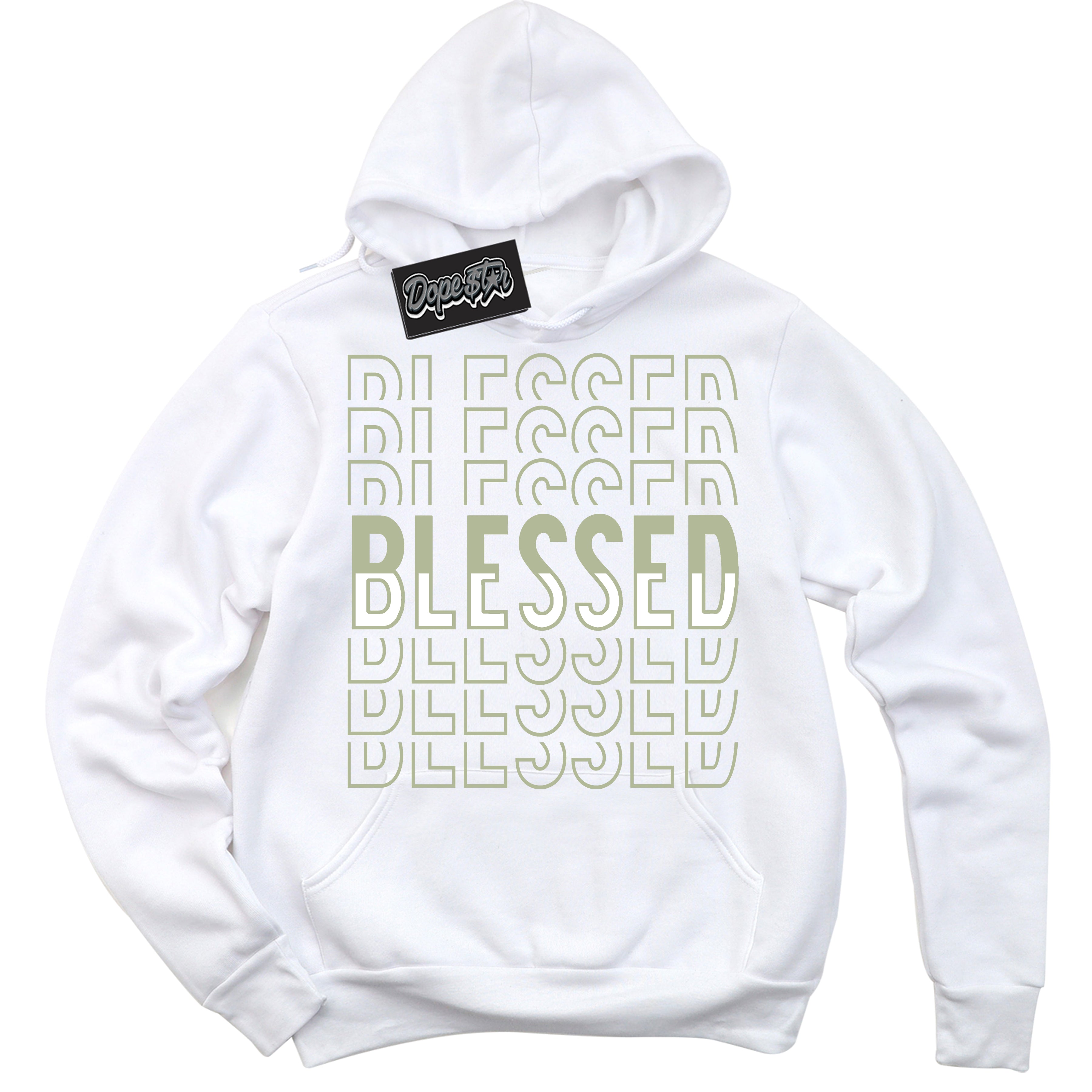 Cool White Hoodie with “ Blessed Stacked ”  design that Perfectly Matches Next Nature Olive Aura Dunks.