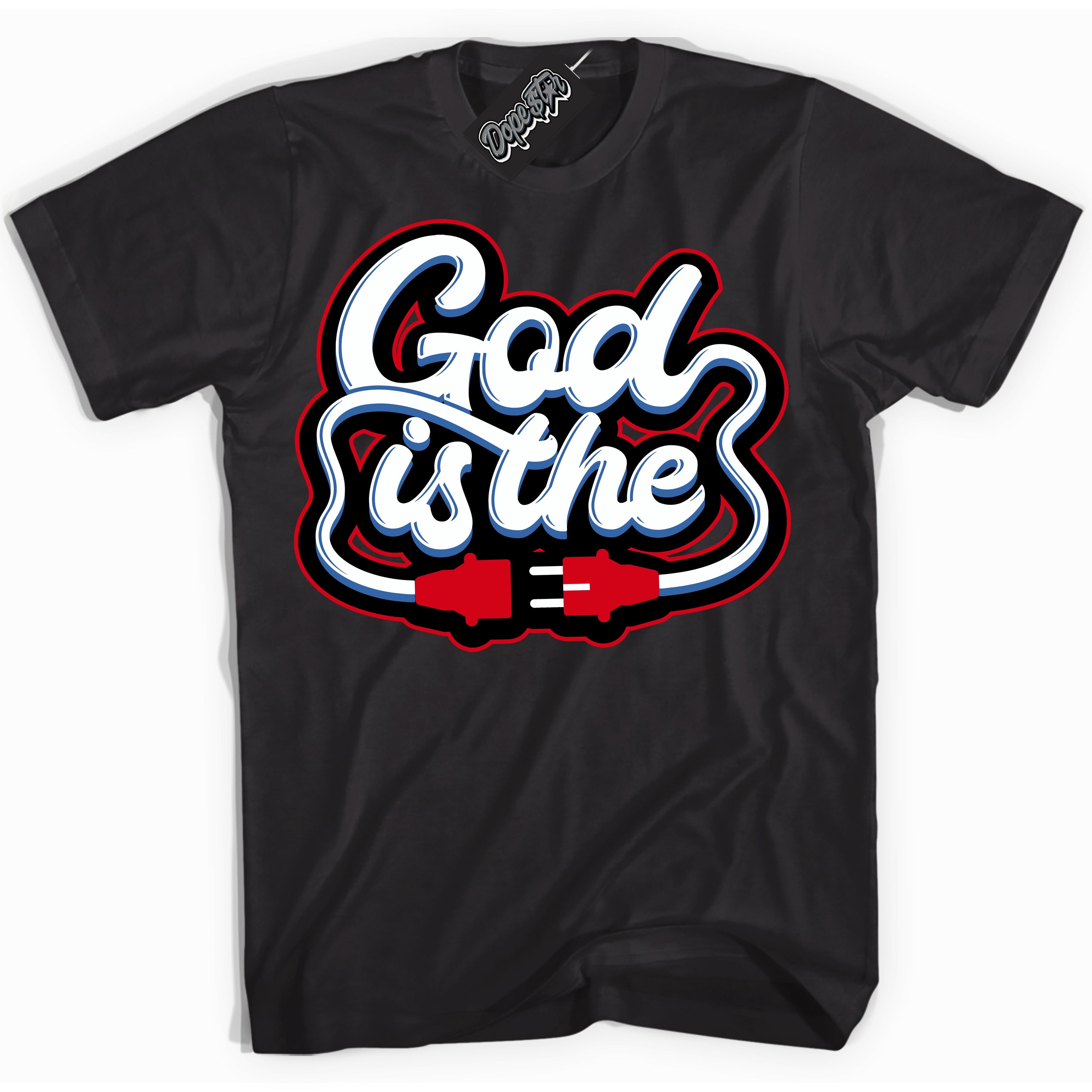 Cool Black Shirt with “ God Is The” design that perfectly matches Industrial Blue Sashiko 1s Sneakers.