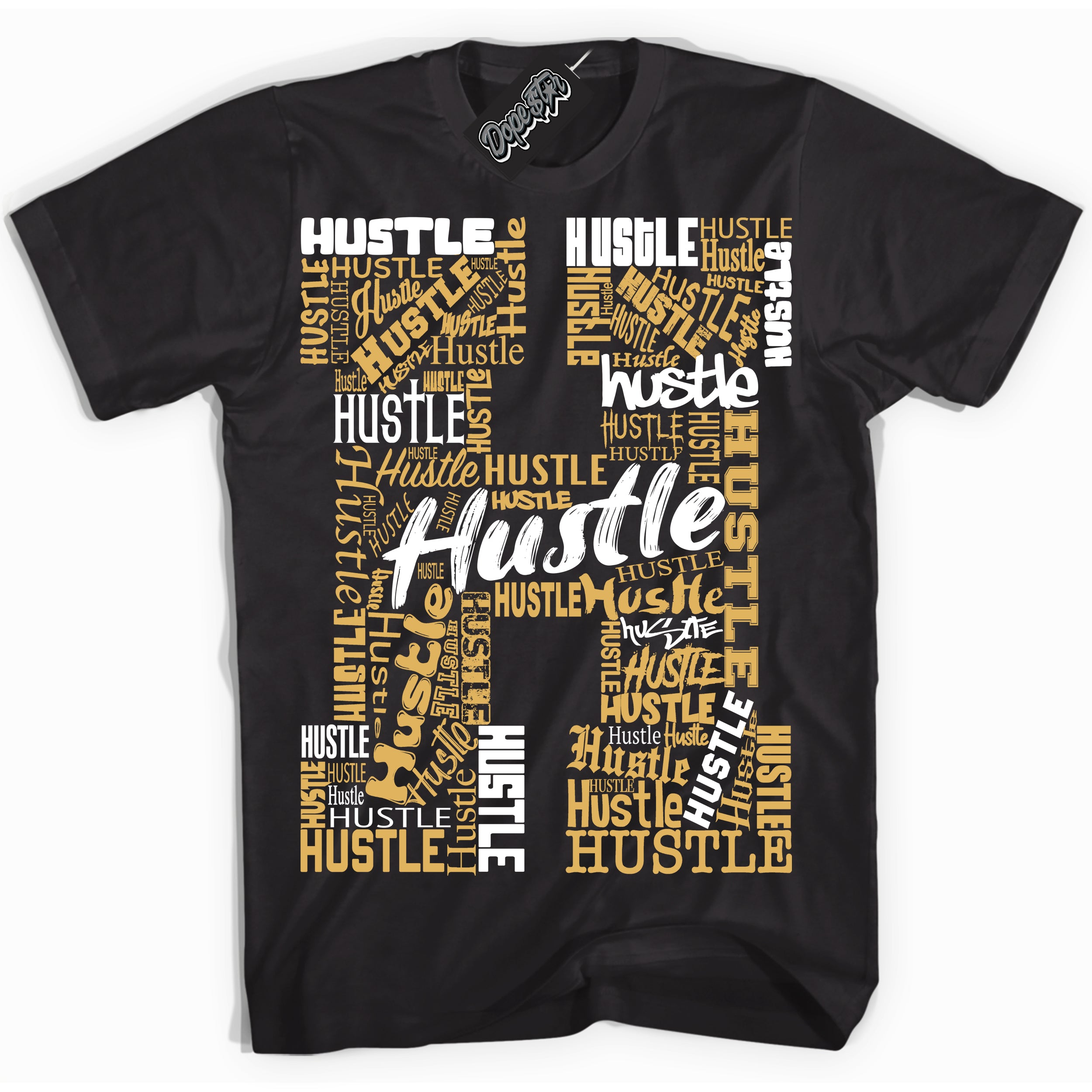 Cool Black Shirt with “ Hustle H ” design that perfectly matches Gold Swoosh 1s Sneakers.