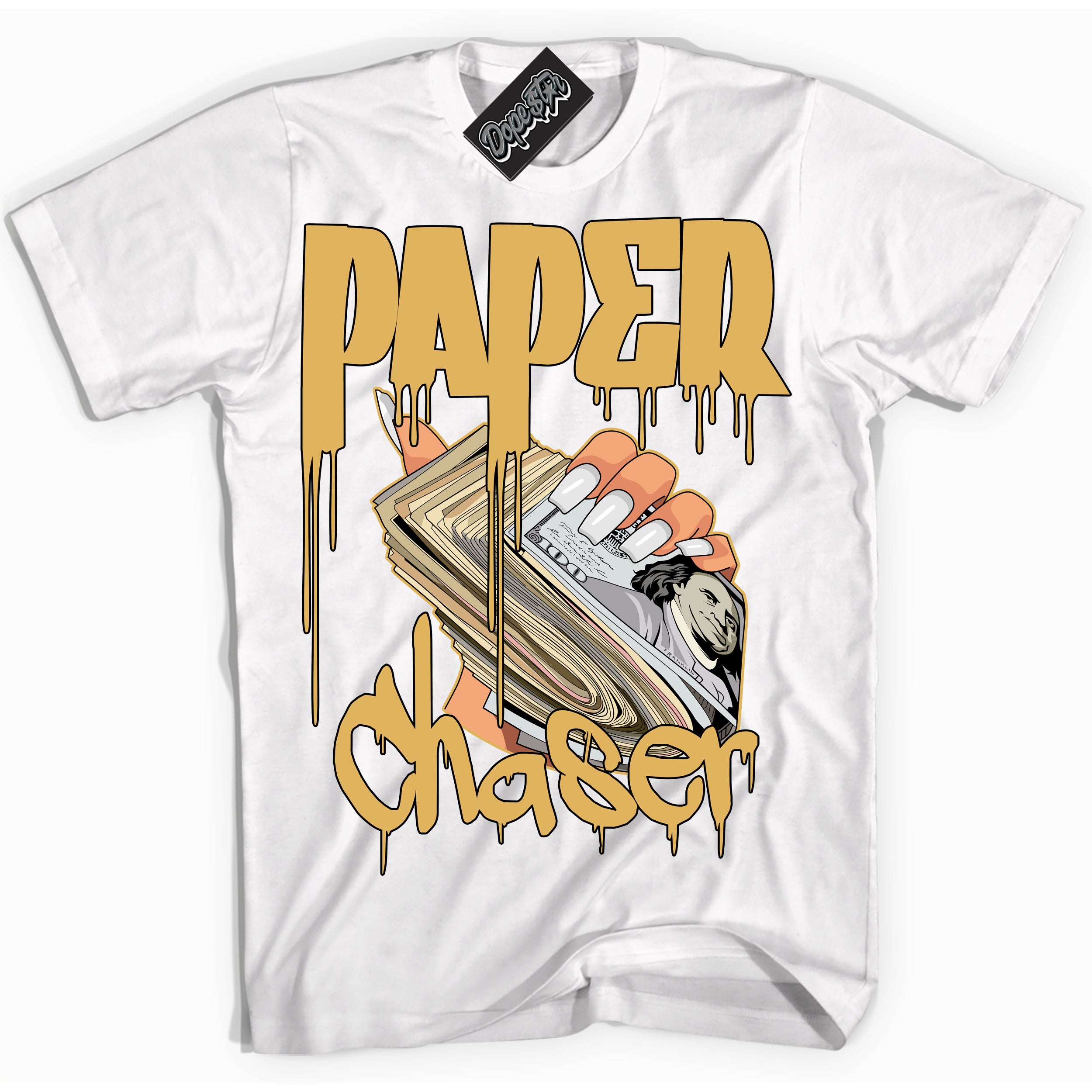 Cool White Shirt with “ Paper Chaser ” design that perfectly matches Gold Swoosh 1s Sneakers.
