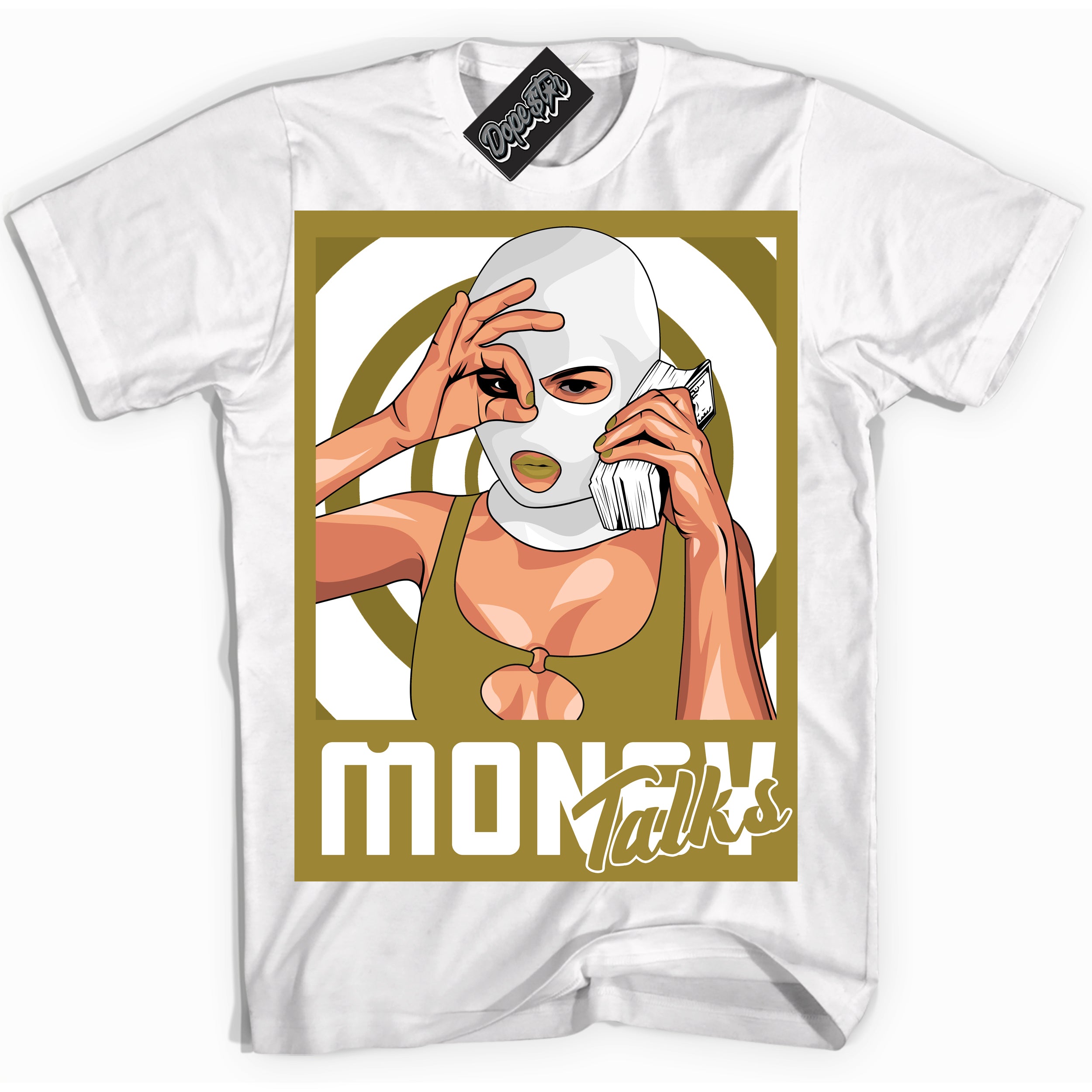 Cool White Shirt with “ Money Talks ” design that perfectly matches Pacific Moss Dunks.