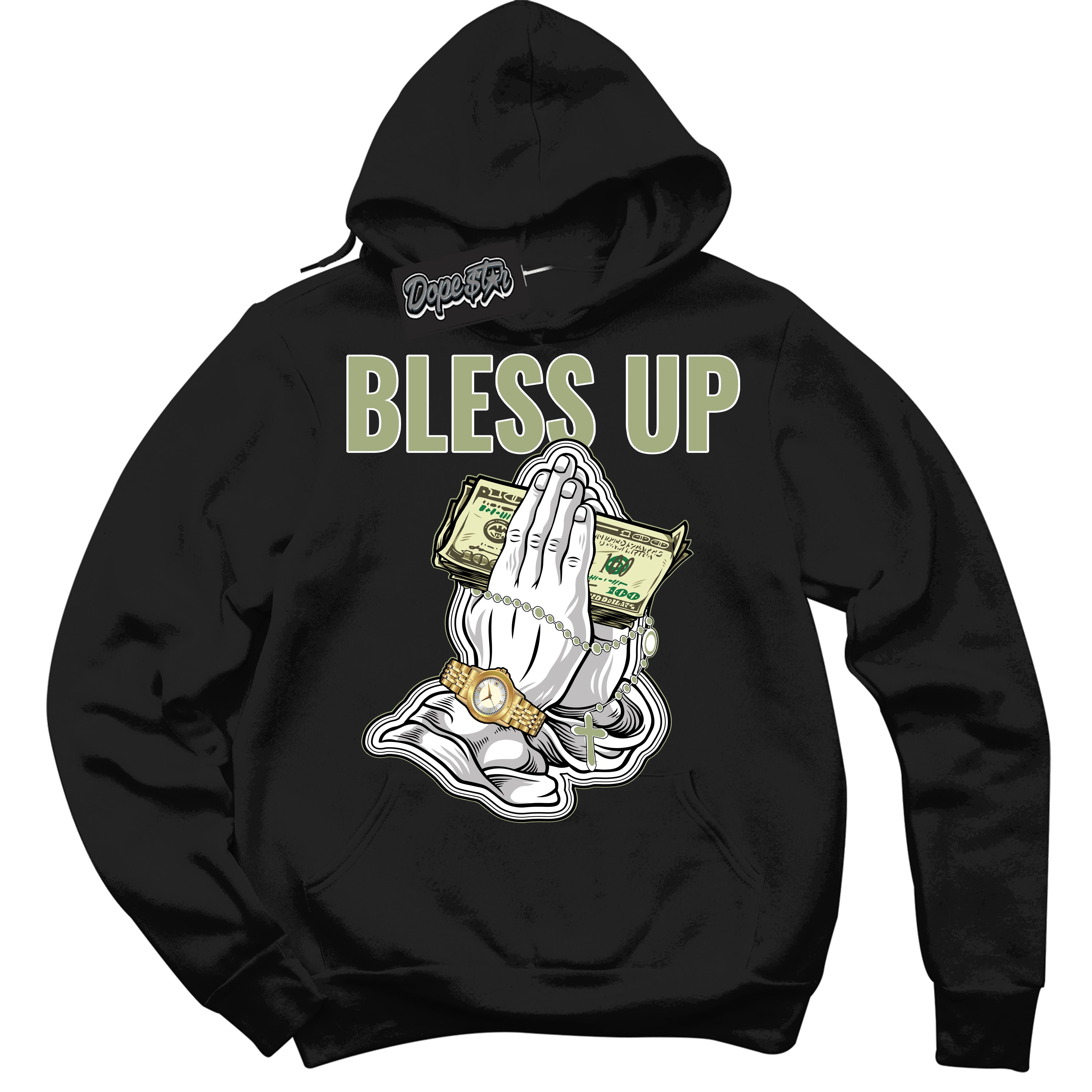 Cool Black Hoodie with “ Bless Up ”  design that Perfectly Matches Safari Oil Green Dunk.