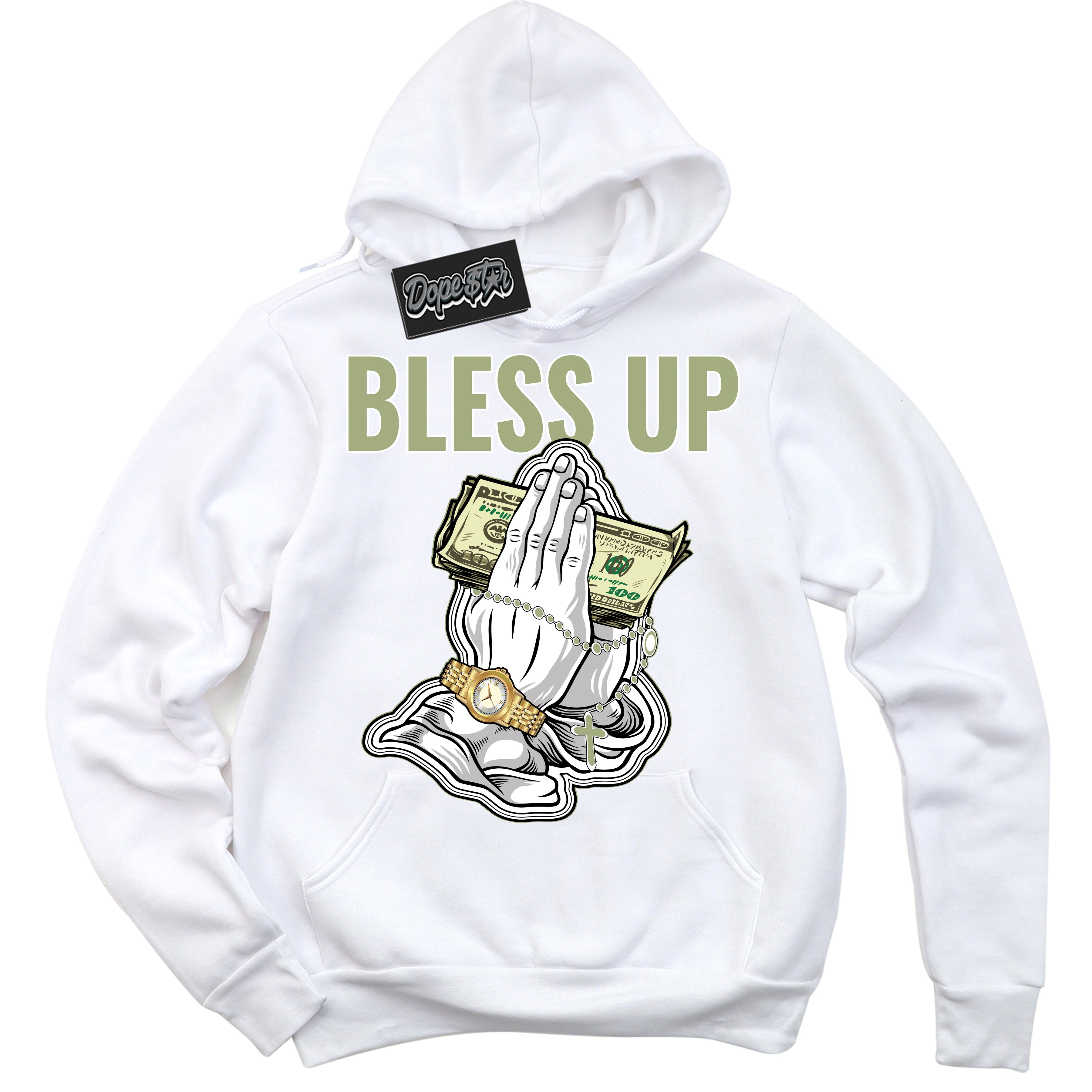 Cool White Hoodie with “ Bless Up ”  design that Perfectly Matches Safari Oil Green Dunk.