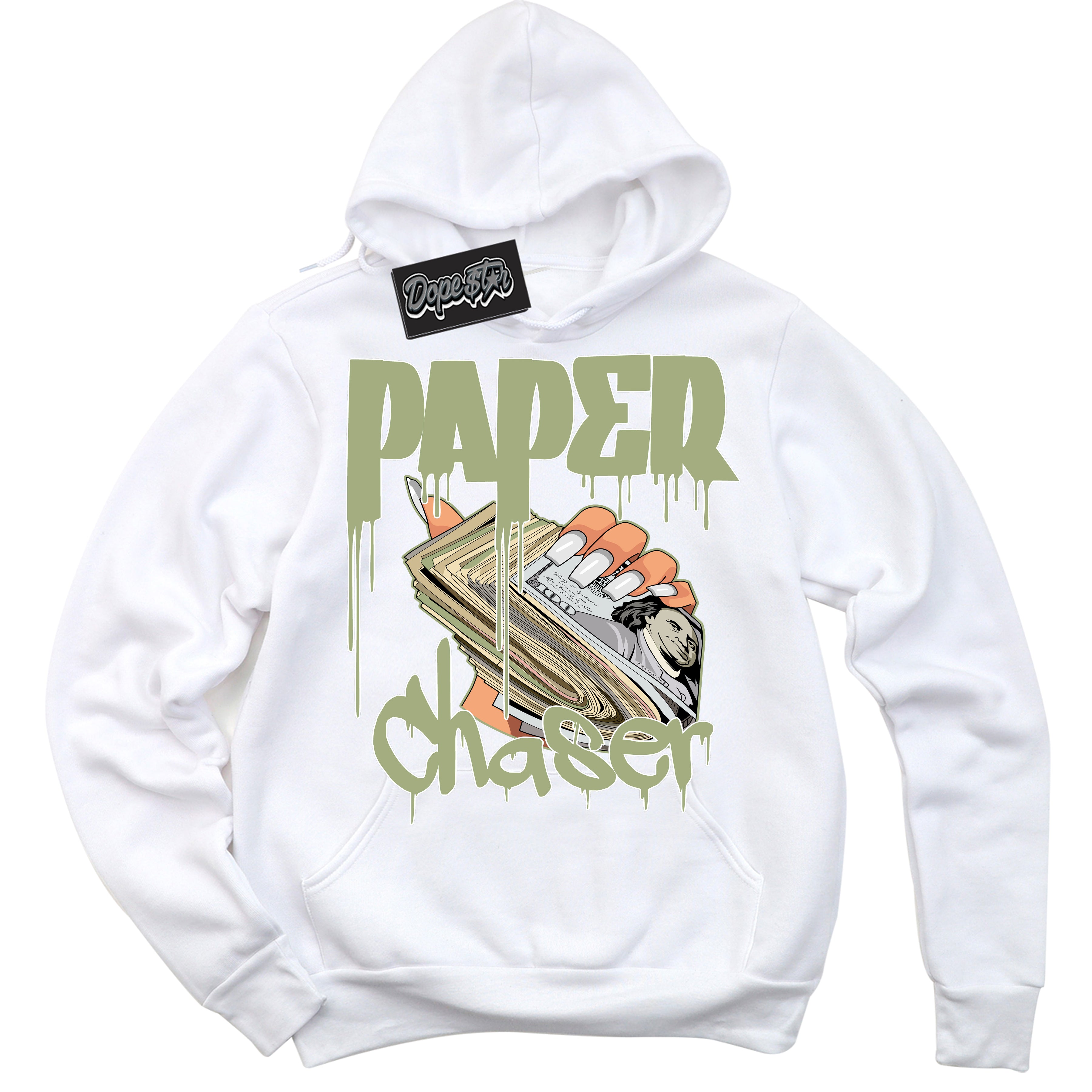 Cool White Hoodie with “ Paper Chaser ”  design that Perfectly Matches Safari Oil Green Dunk.