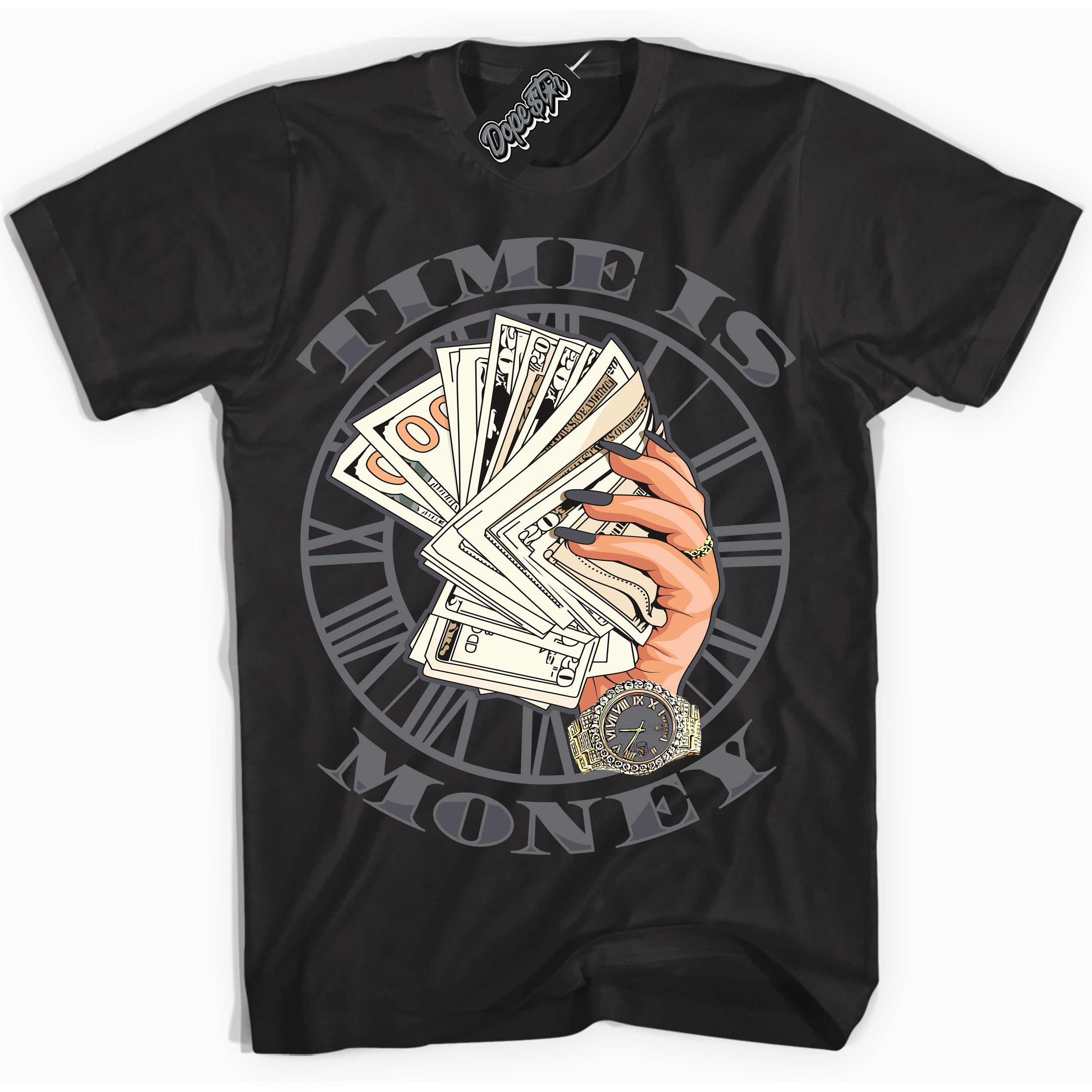 Cool Black Shirt with “ Time Is Money ” design that perfectly matches Paris Olympics Wet Cement 4s Jordans.