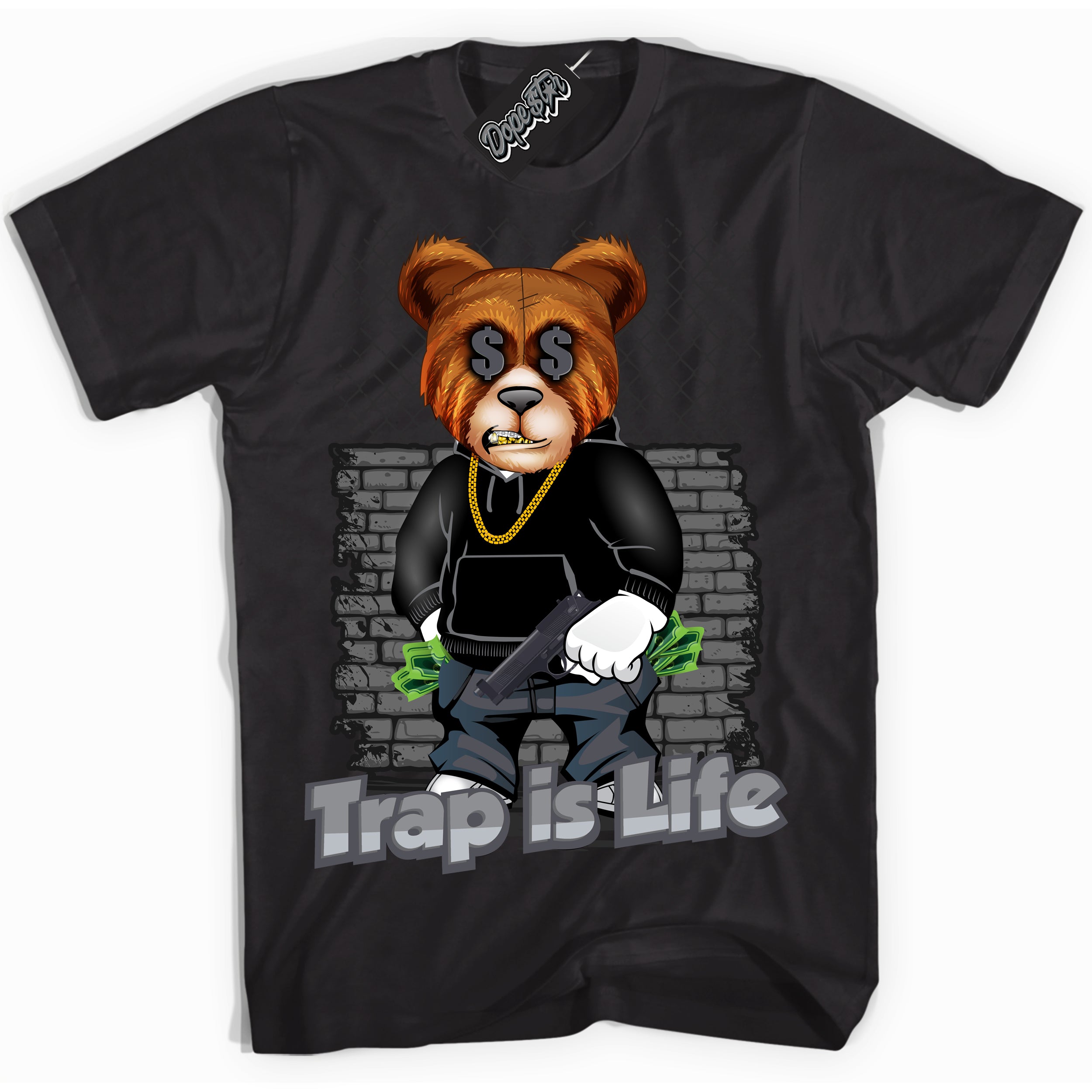 Cool Black Shirt with “ Trap Is Life ” design that perfectly matches Paris Olympics Wet Cement 4s Jordans.