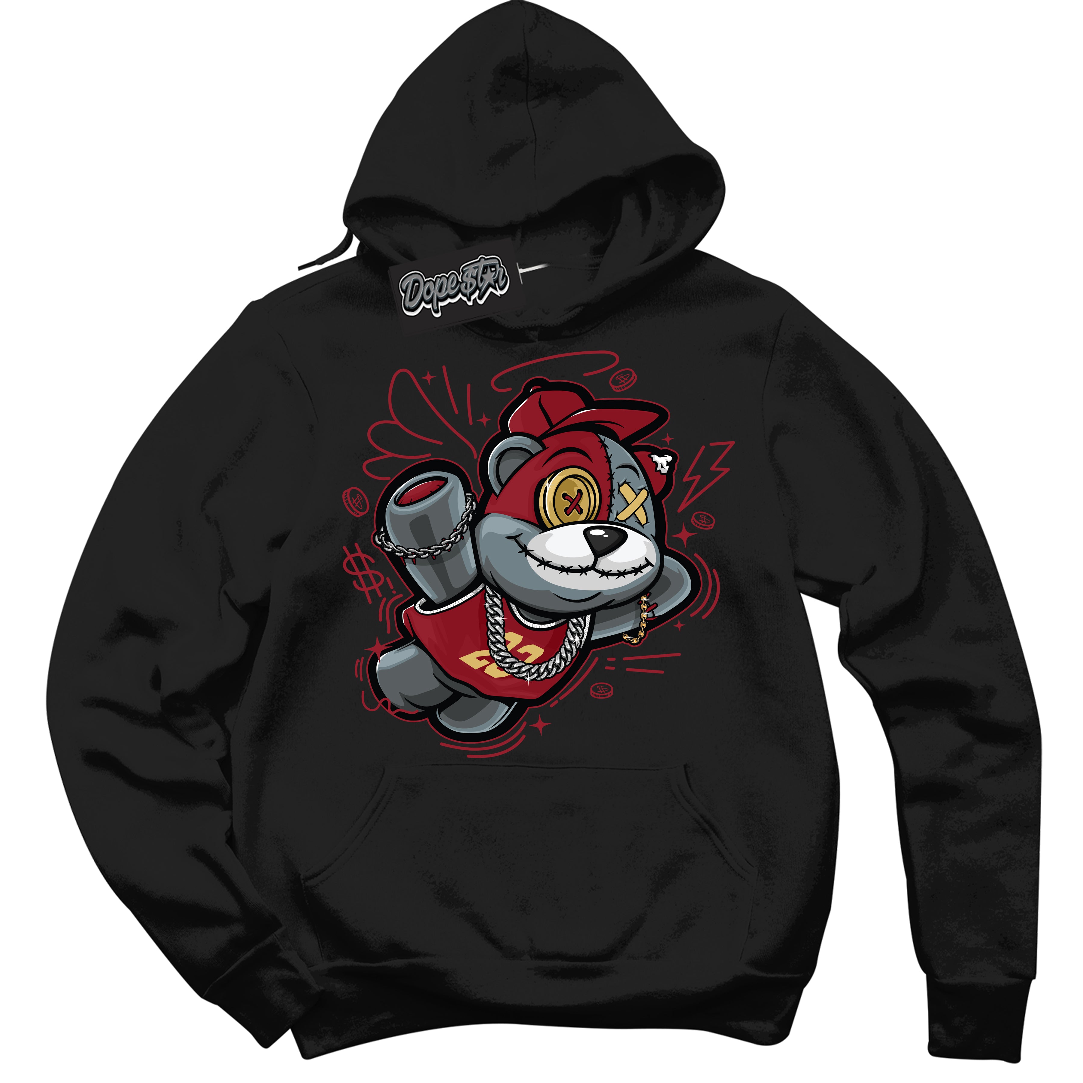 Cool Black Hoodie with “ Slam Dunk Bear ”  design that Perfectly Matches Method of Make Gym Red Metallic Gold 1s Jordans.