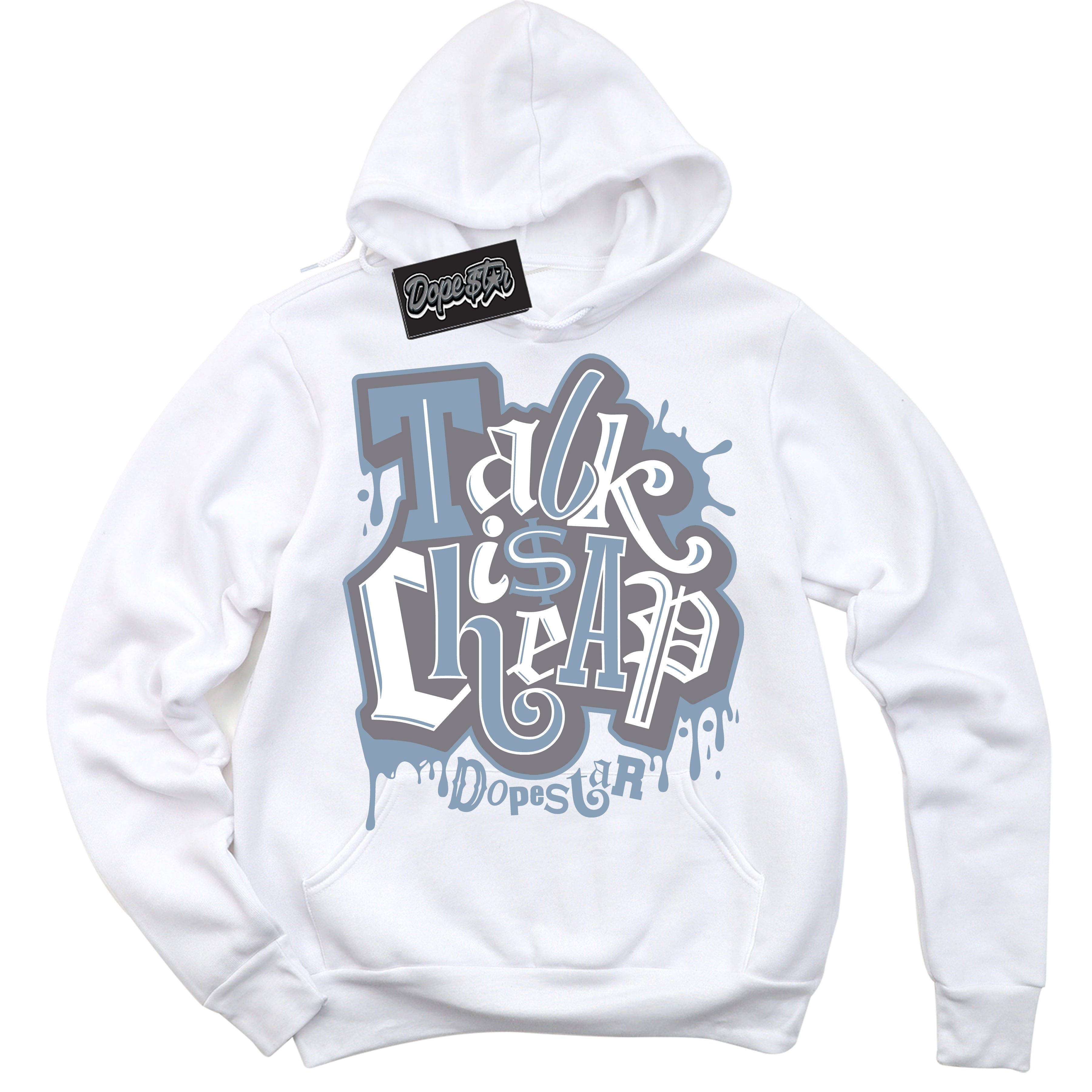 Cool White Hoodie with “ Talk Is Cheap ” design that Perfectly Matches Cement Grey 11s Sneakers.