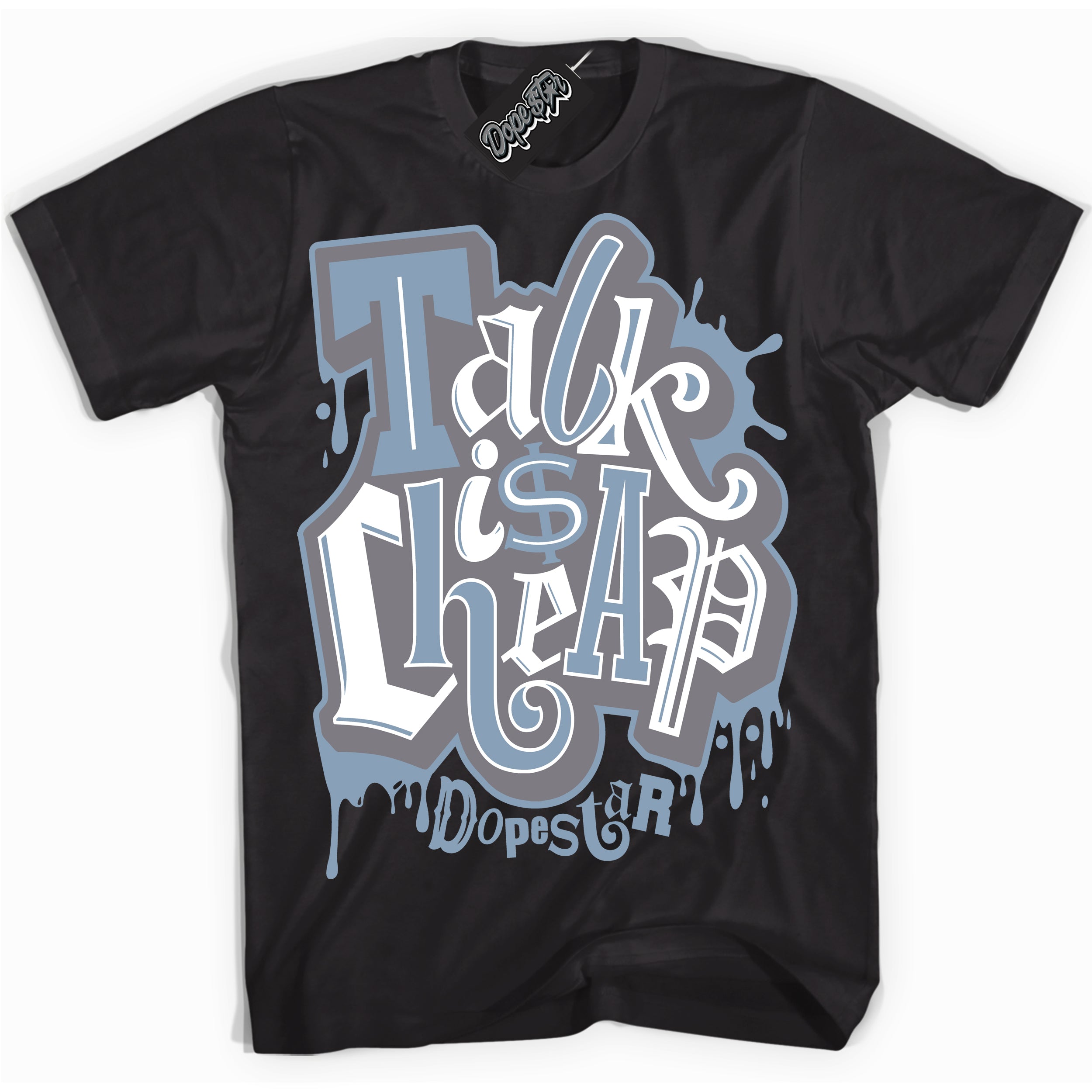 Cool Black Shirt with “ Talk Is Cheap” design that perfectly matches Cement Grey 11s Sneakers.