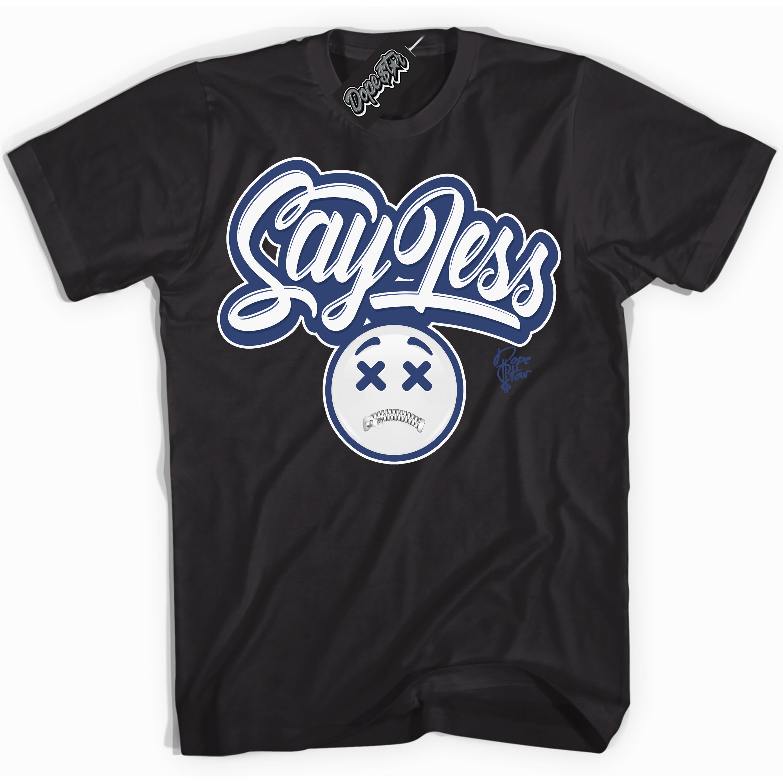 Cool Black Shirt with “ Say Less ” emoji design that perfectly matches Diffused Blue 11s Jordans.