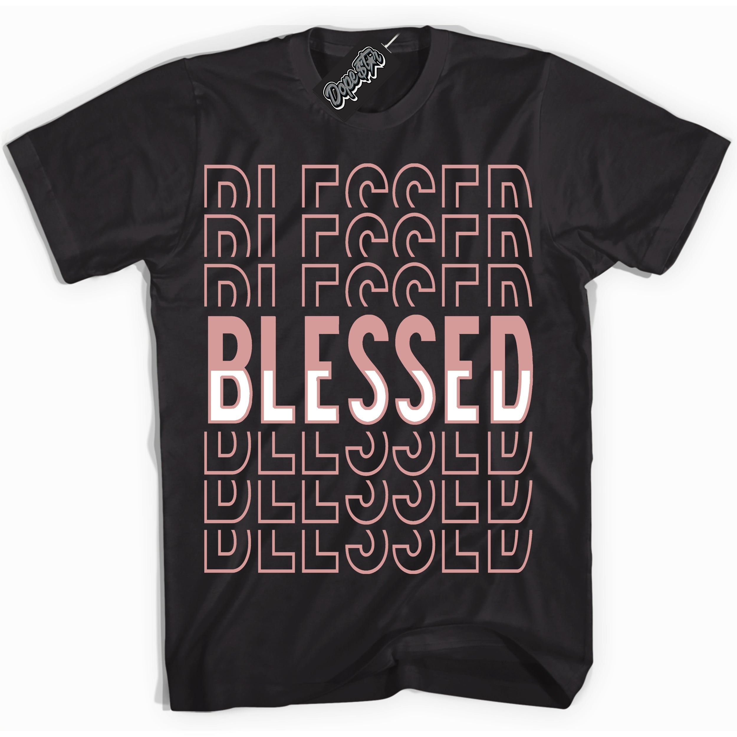 Cool Black Shirt with “ Blessed Stacked ” design that perfectly matches Legend Pink 11s Jordans.