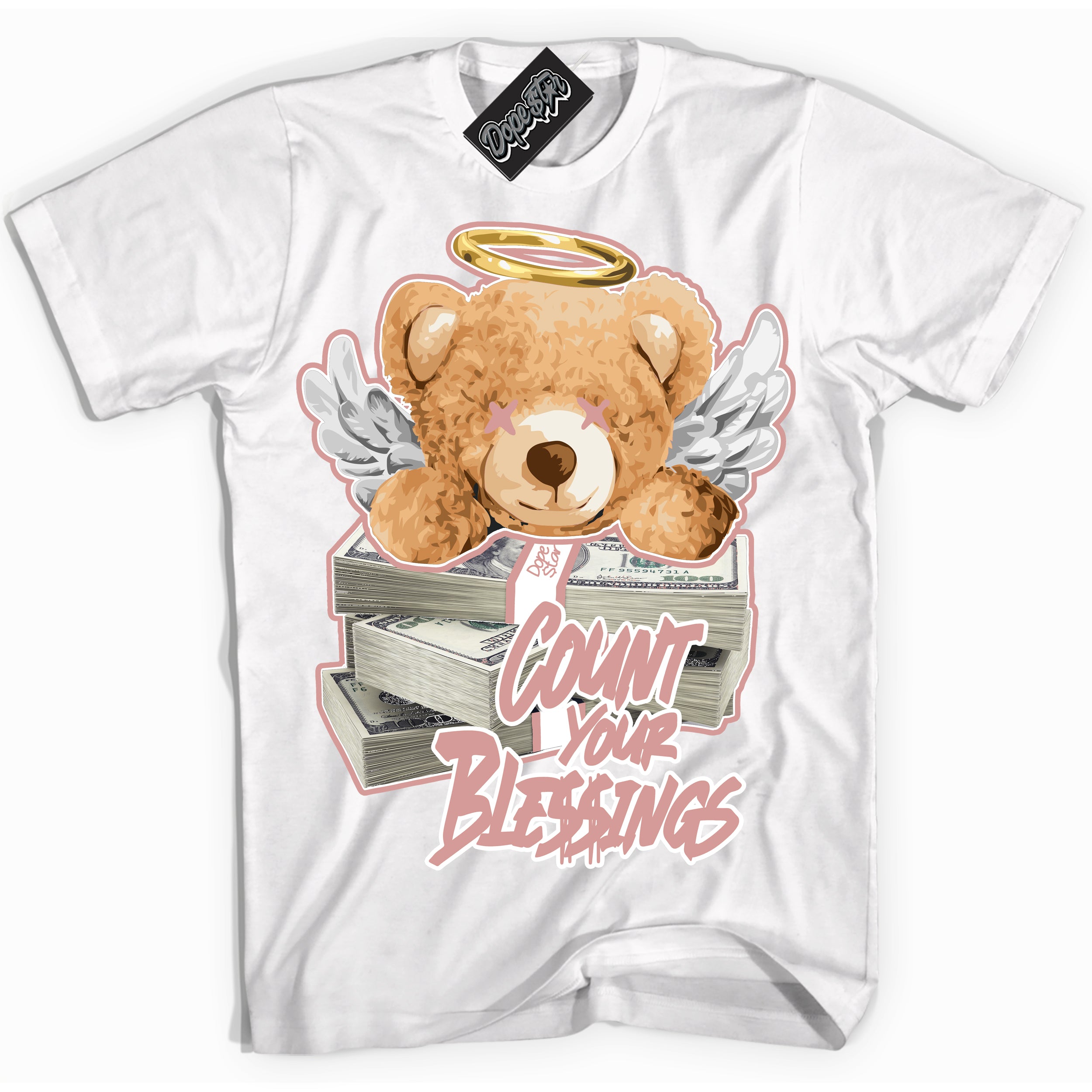 Cool White Shirt with “ Count Your Blessings ” design that perfectly matches Legend Pink 11s Jordans.