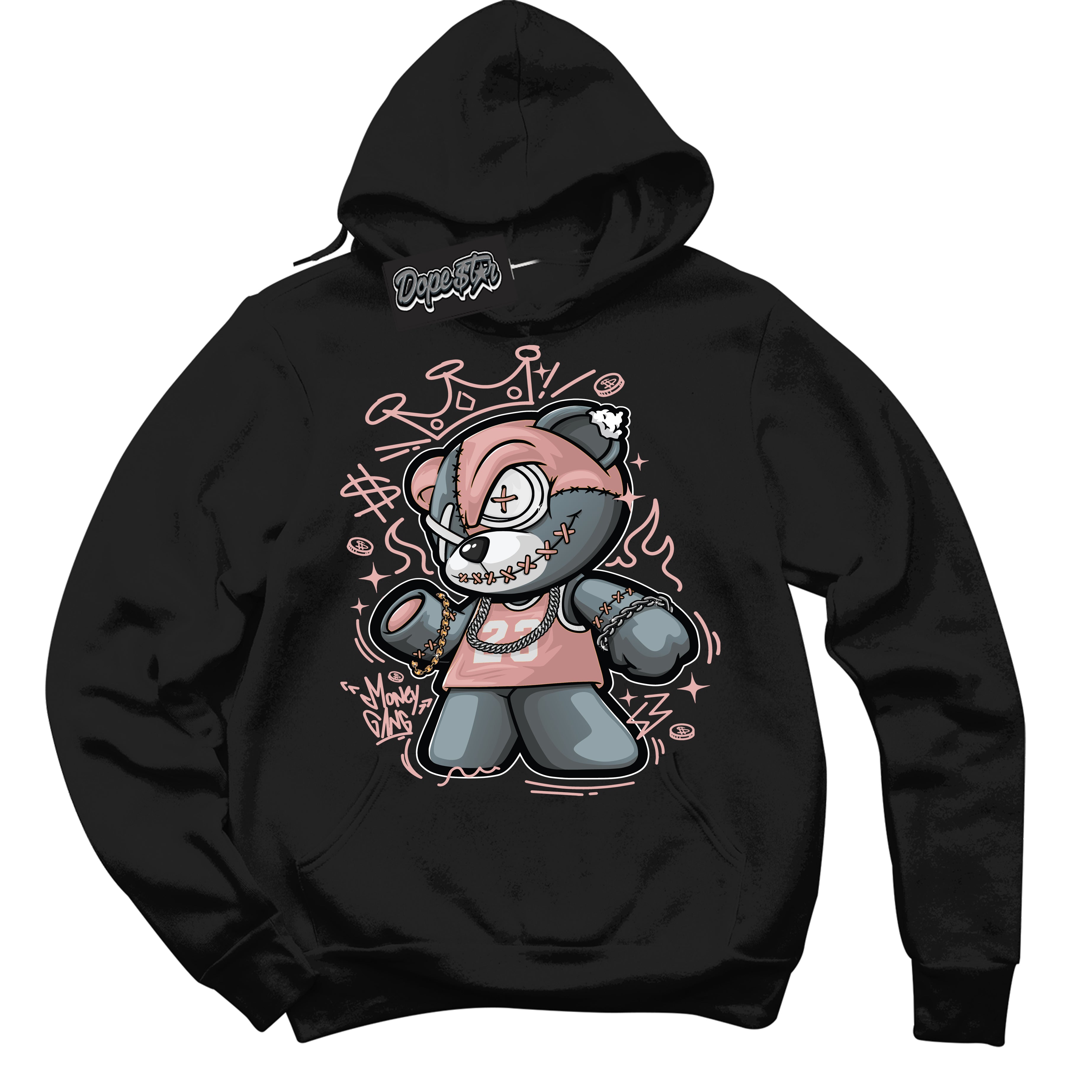 Cool Black Hoodie with “ Money Gang Bear ”  design that Perfectly Matches Legend Pink 11s Jordans.