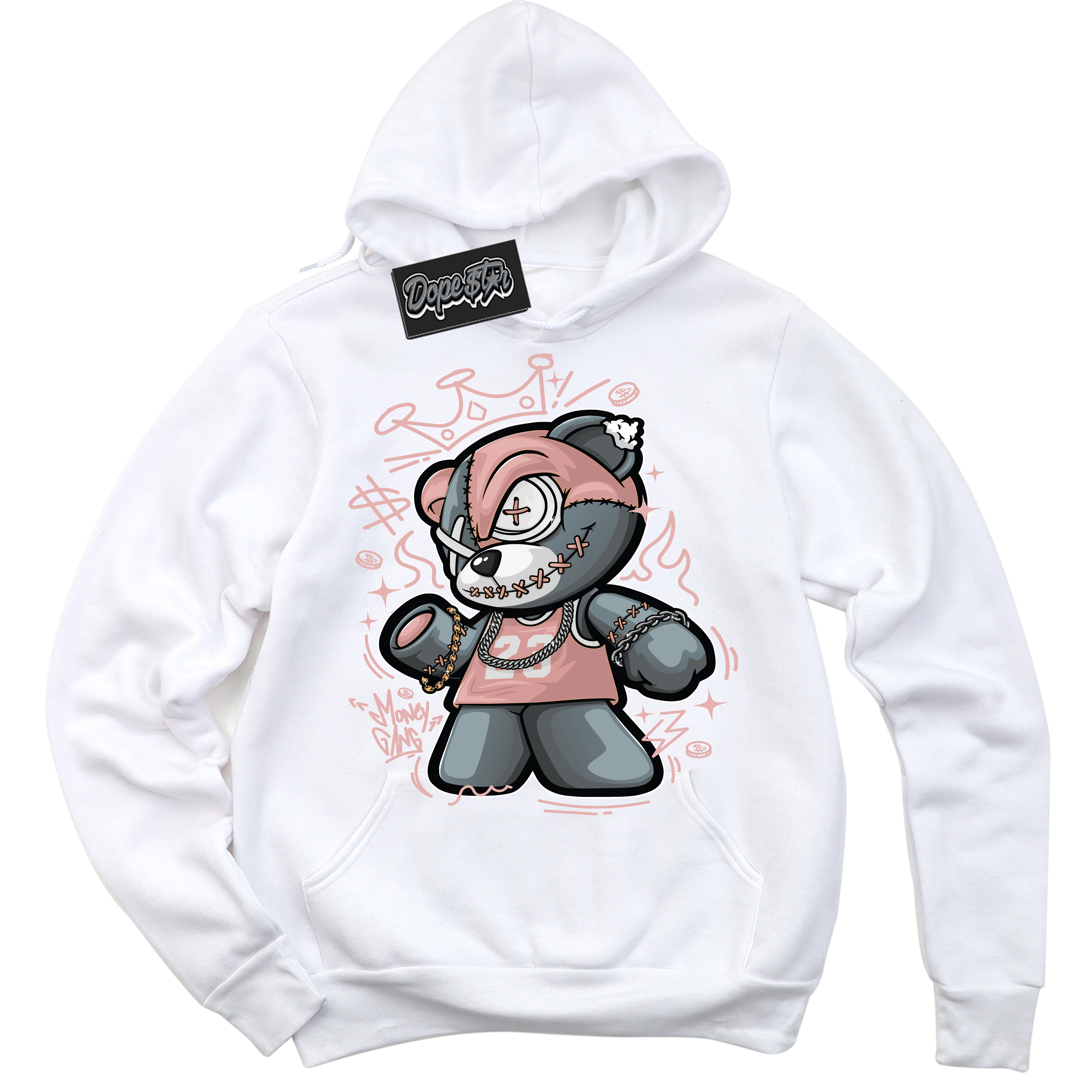 Cool White Hoodie with “ Money Gang Bear ”  design that Perfectly Matches Legend Pink 11s Jordans.