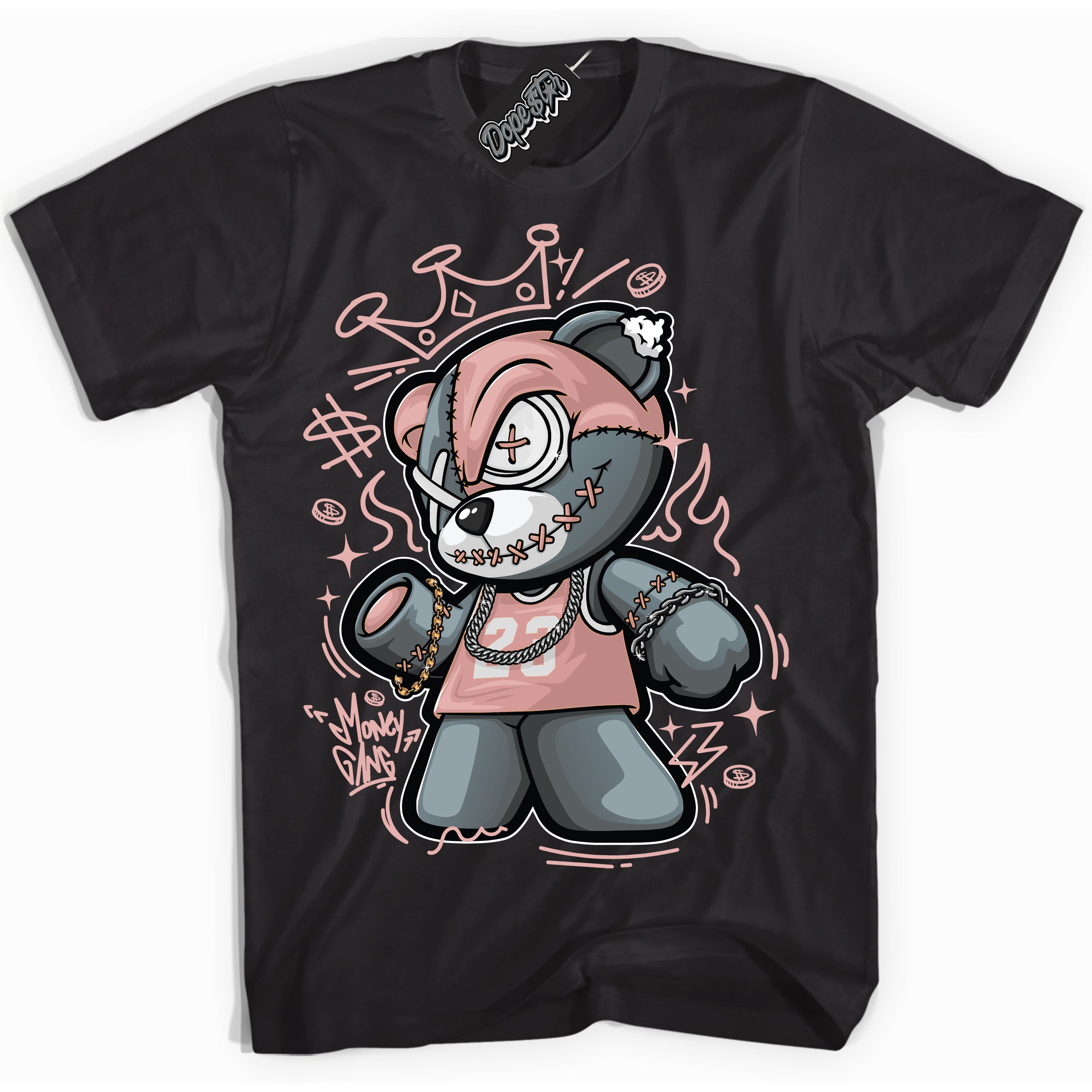 Cool Black Shirt with “ Money Gang Bear ” design that perfectly matches Legend Pink 11s Jordans.