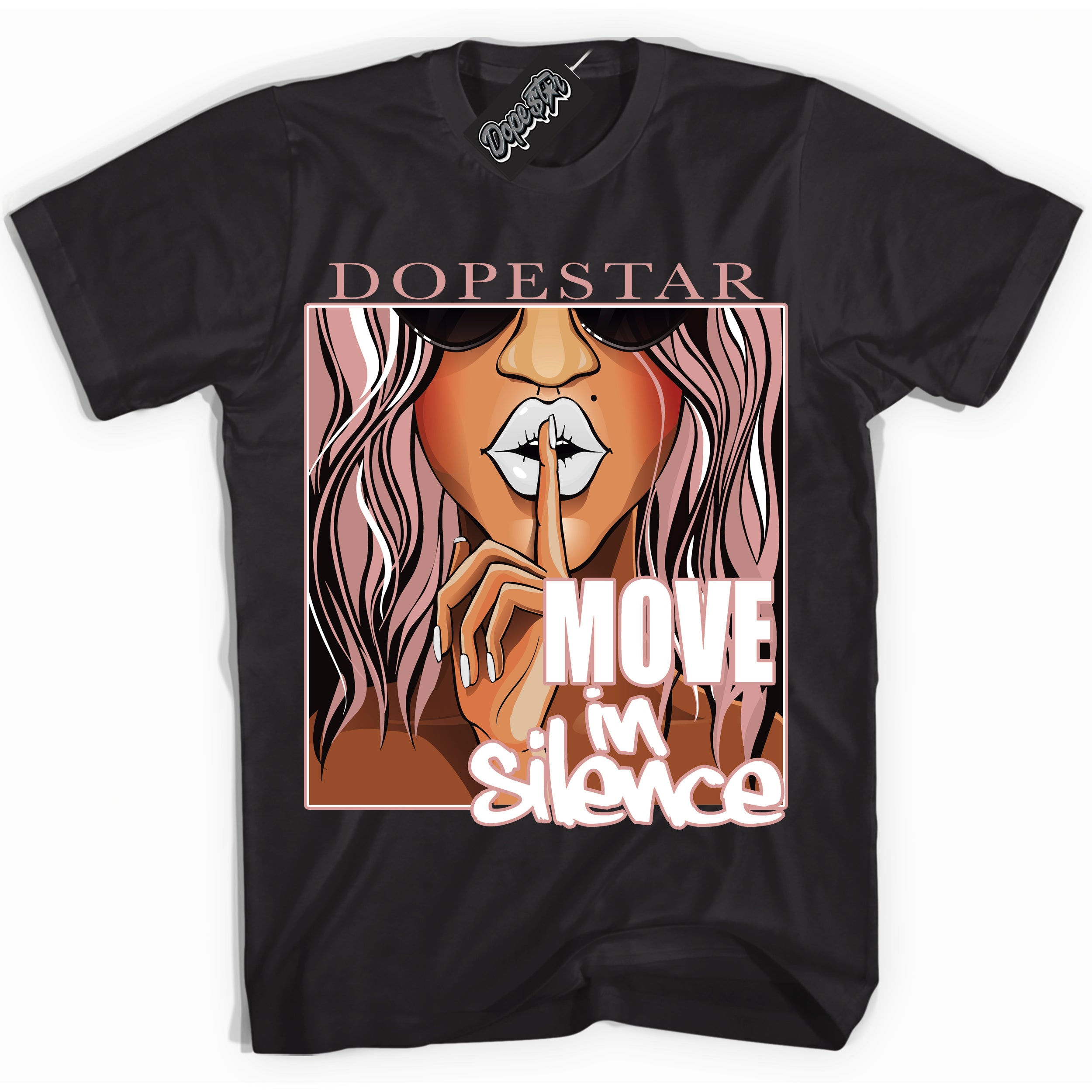 Cool Black Shirt with “ Move In Silence ” design that perfectly matches Legend Pink 11s Jordans.