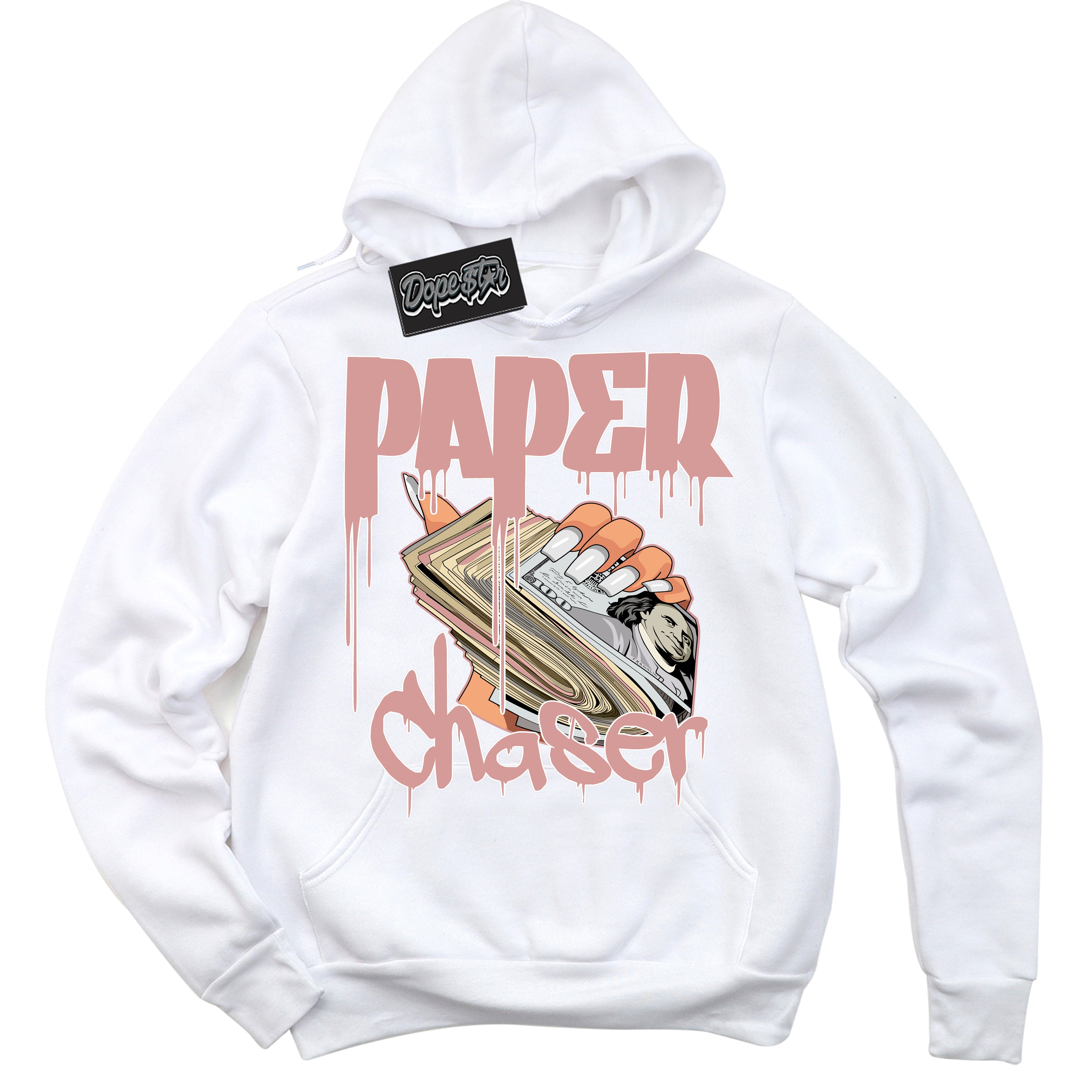 Cool White Hoodie with “ Paper Chaser ”  design that Perfectly Matches Legend Pink 11s Jordans.