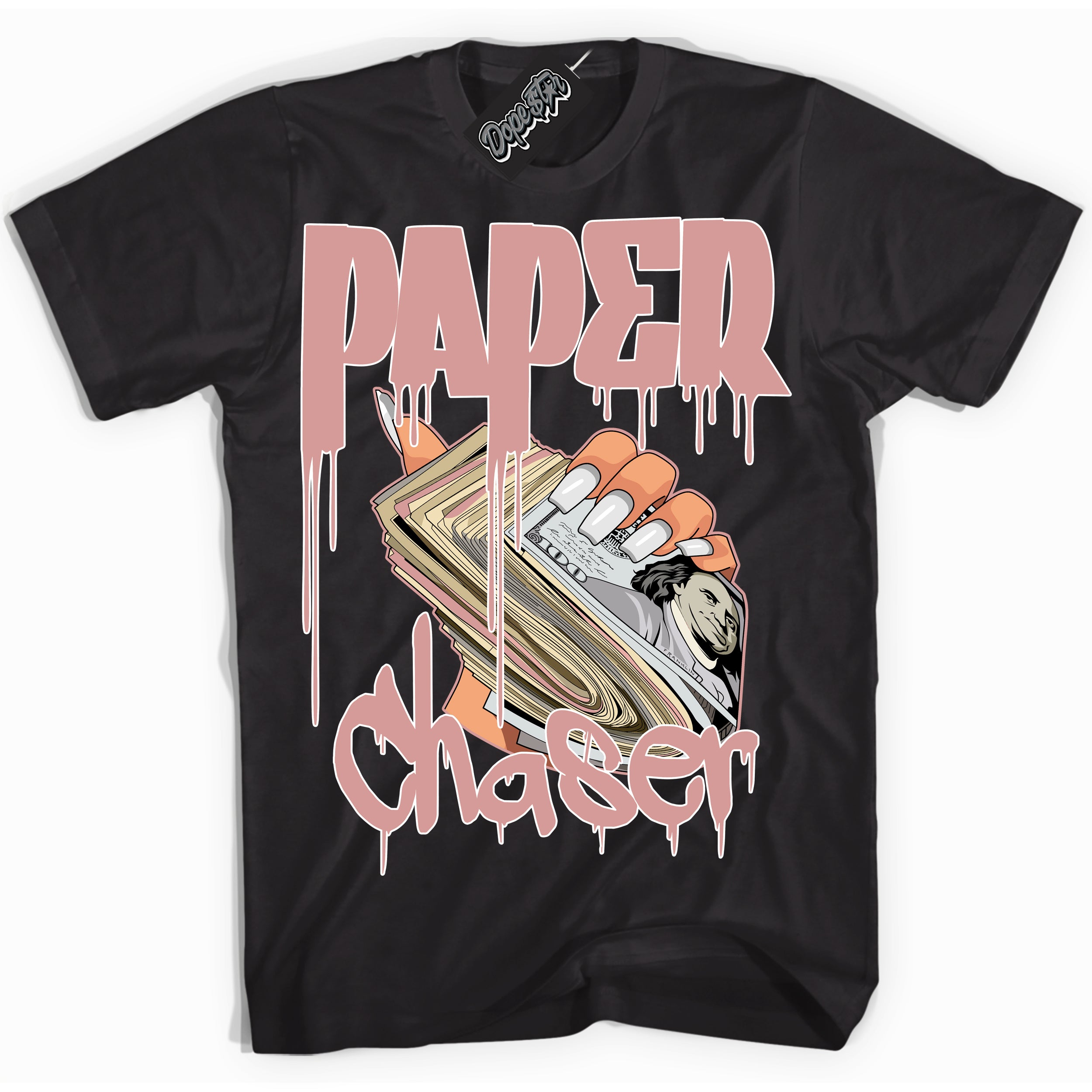 Cool Black Shirt with “ Paper Chaser ” design that perfectly matches Legend Pink 11s Jordans.