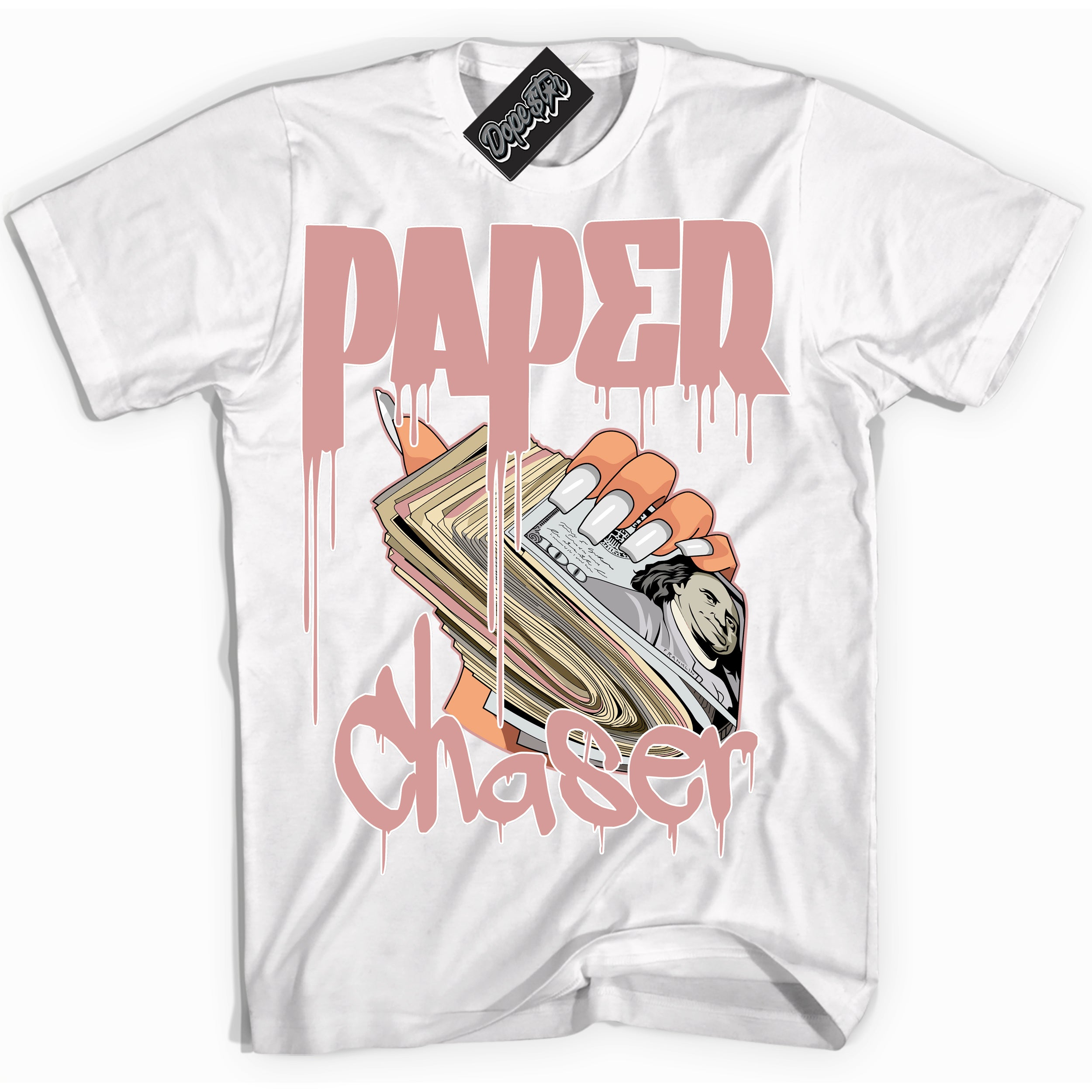 Cool White Shirt with “ Paper Chaser ” design that perfectly matches Legend Pink 11s Jordans.