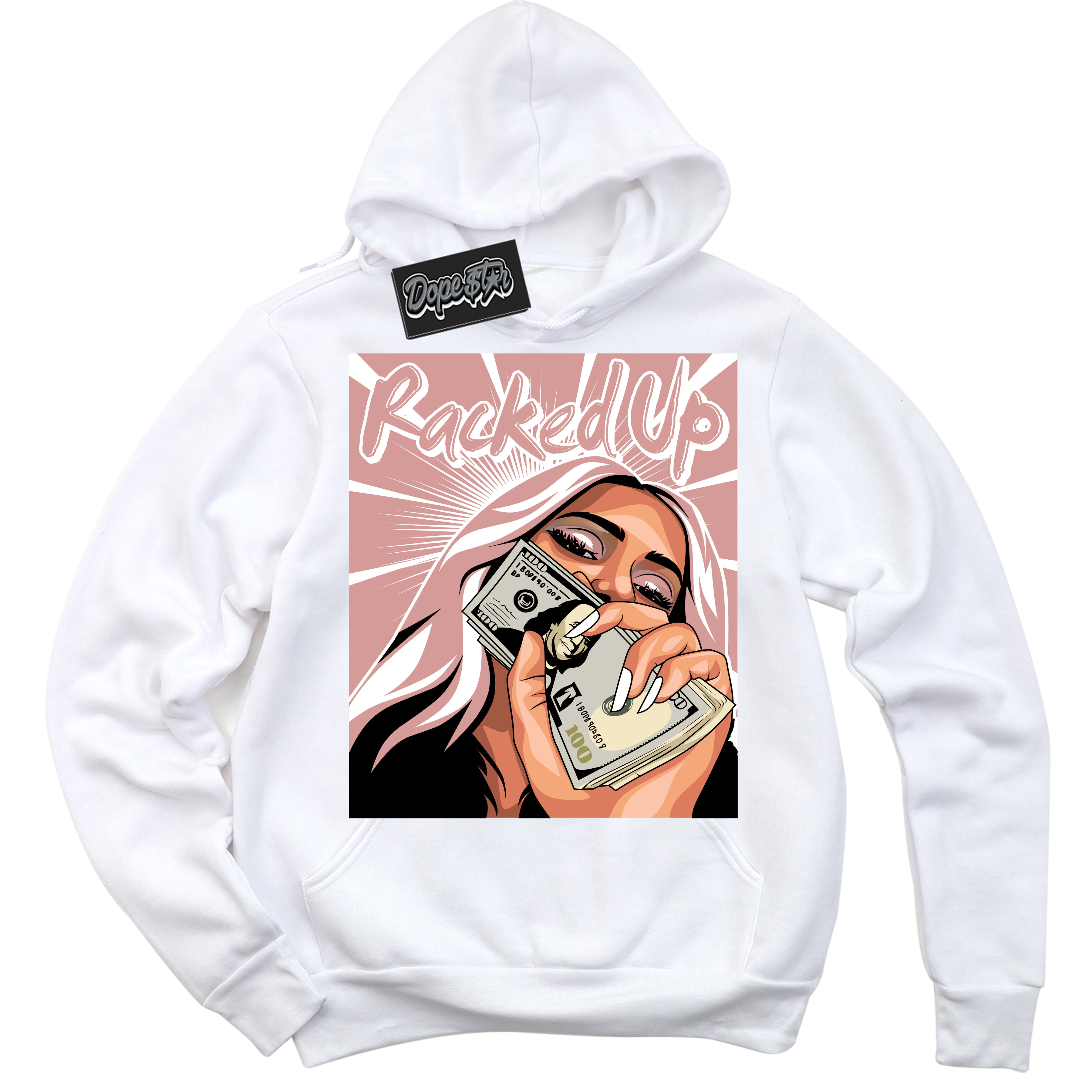 Cool White Hoodie with “ Racked Up ”  design that Perfectly Matches Legend Pink 11s Jordans.