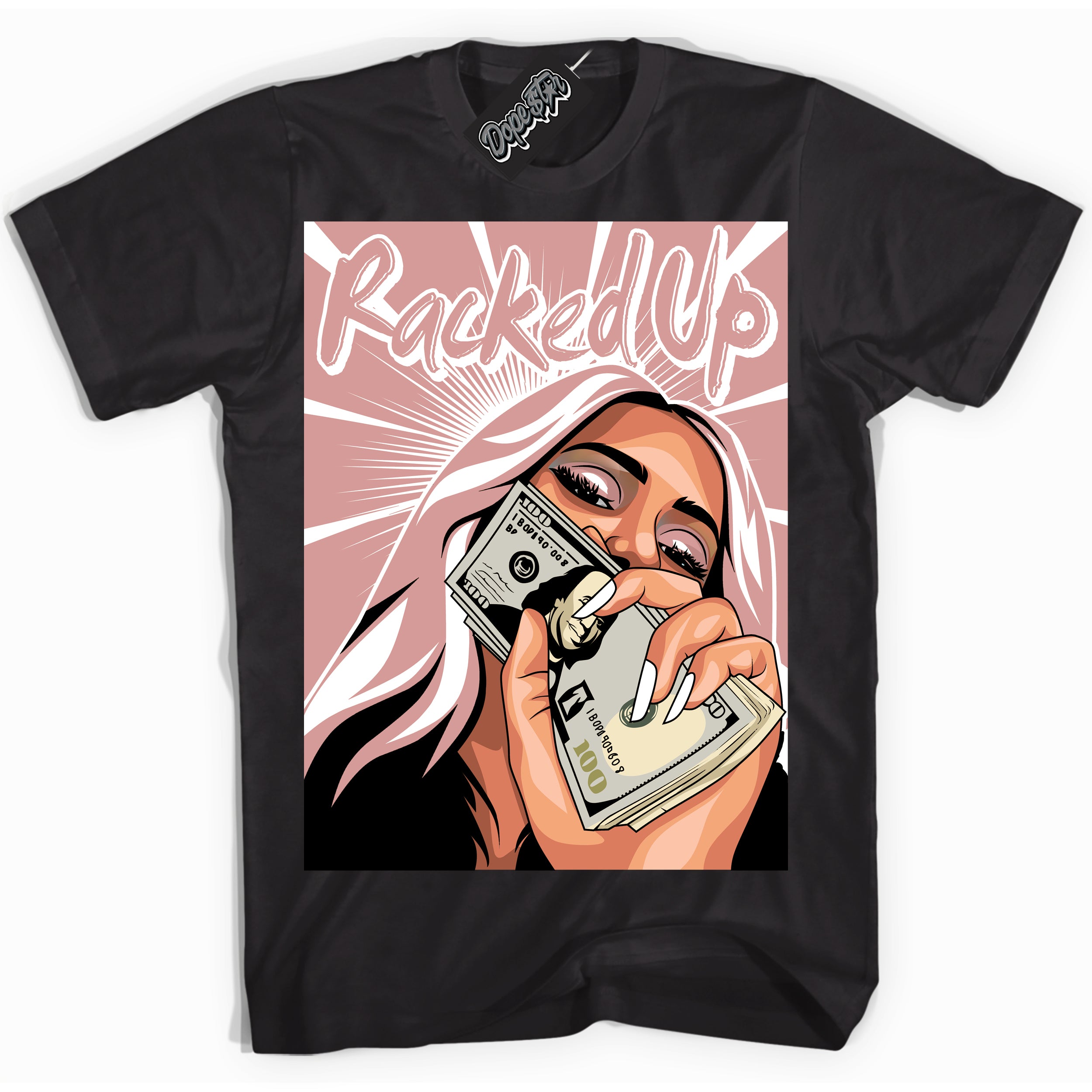 Cool Black Shirt with “ Racked Up ” design that perfectly matches Legend Pink 11s Jordans.