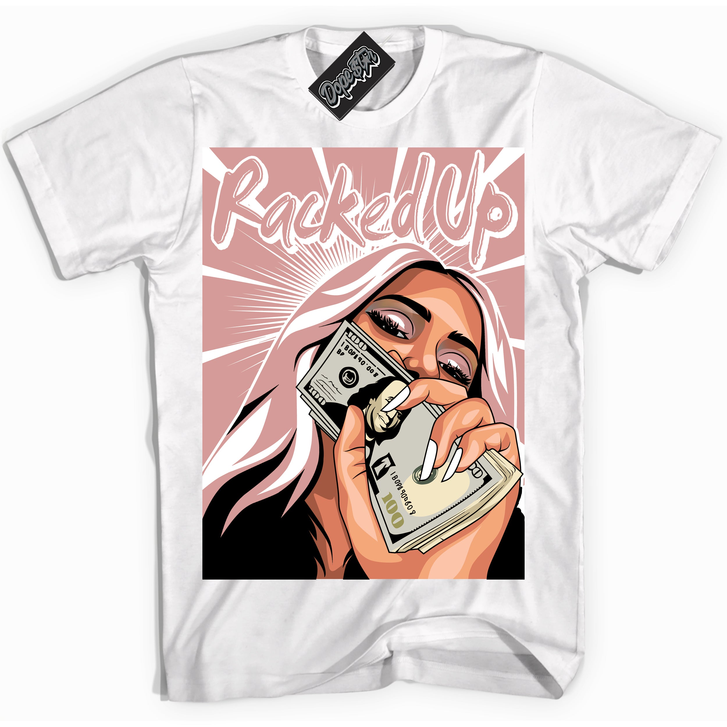 Cool White Shirt with “ Racked Up ” design that perfectly matches Legend Pink 11s Jordans.