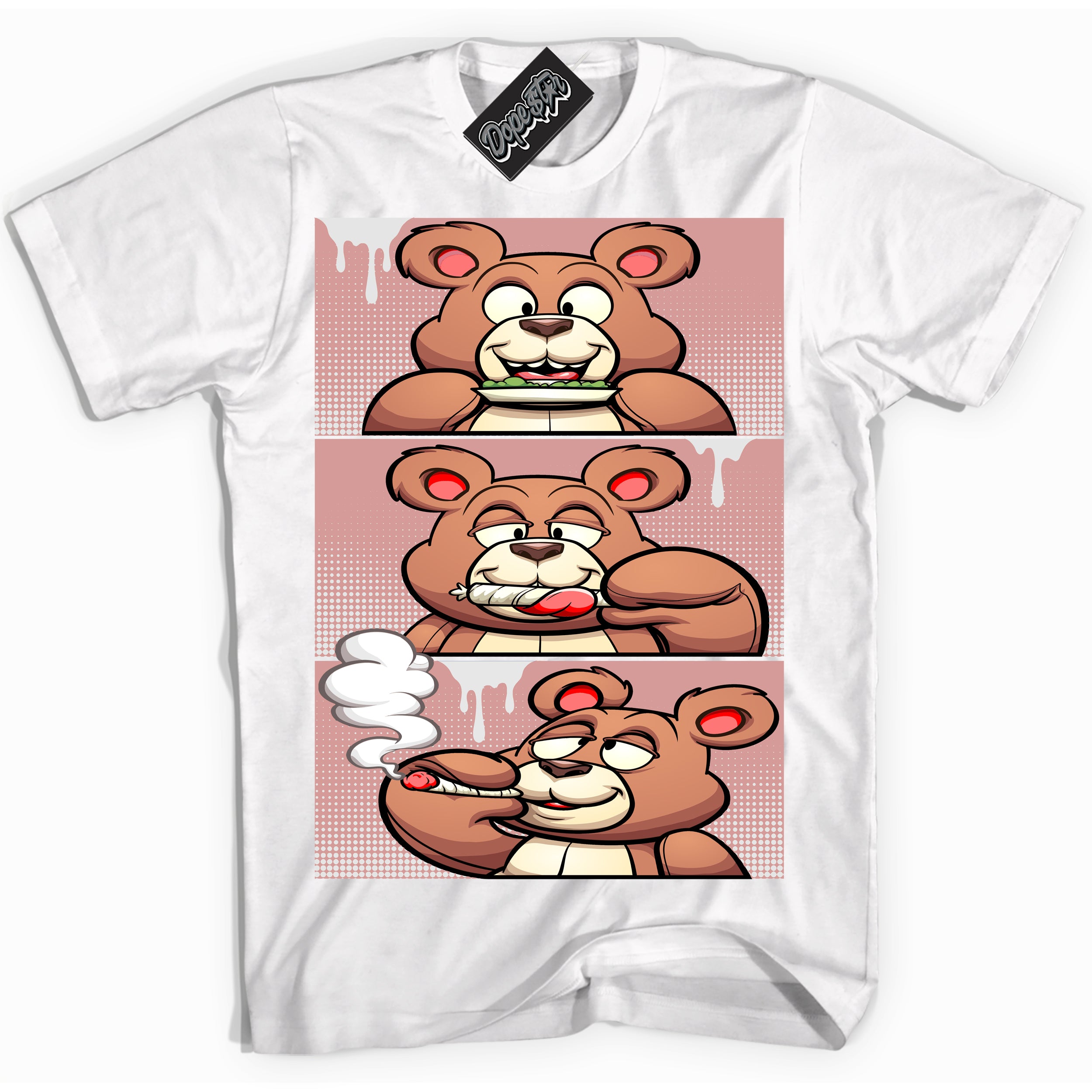 Cool White Shirt with “ Roll It Lick It Smoke It Bear ” design that perfectly matches Legend Pink 11s Jordans.