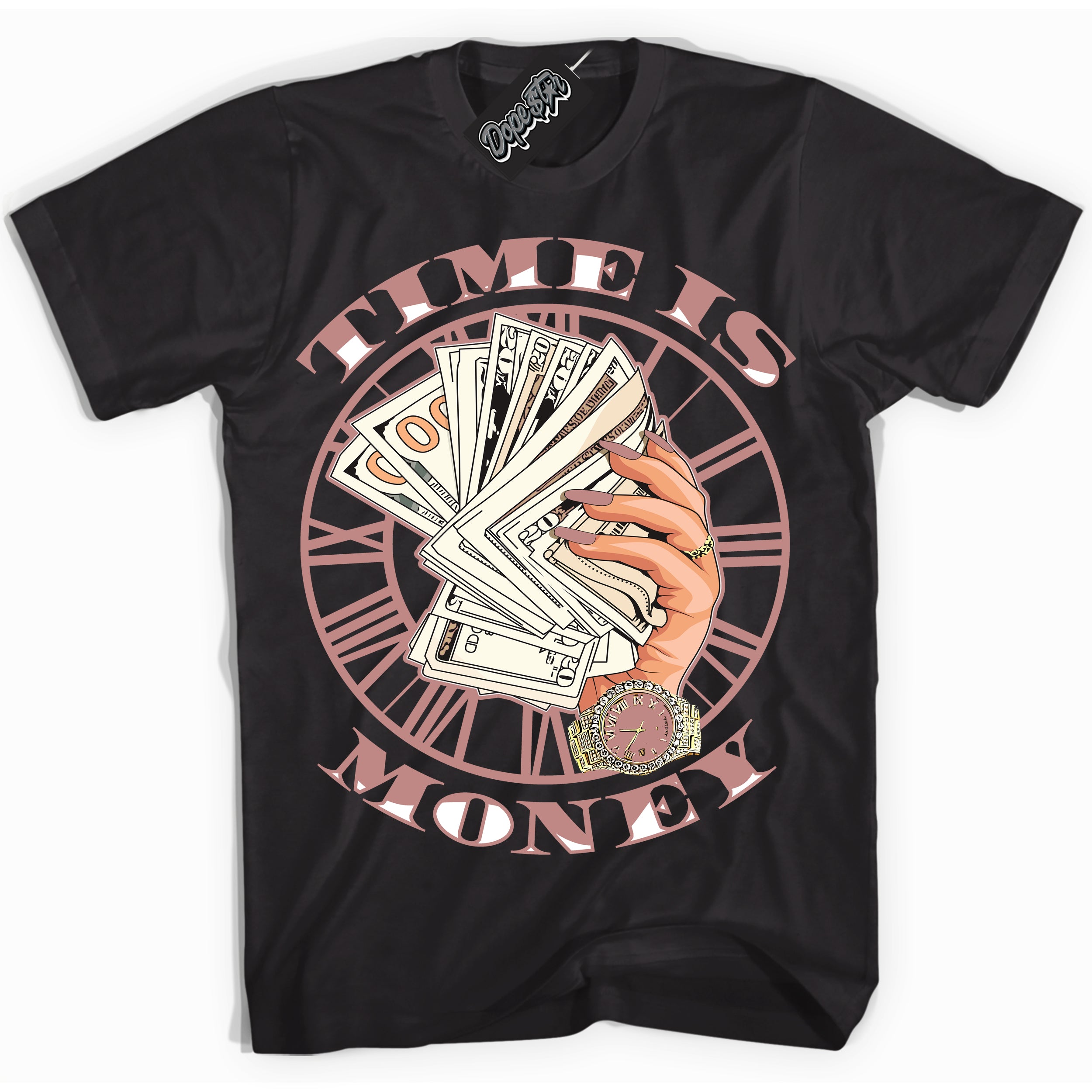 Cool Black Shirt with “ Time Is Money ” design that perfectly matches Legend Pink 11s Jordans.