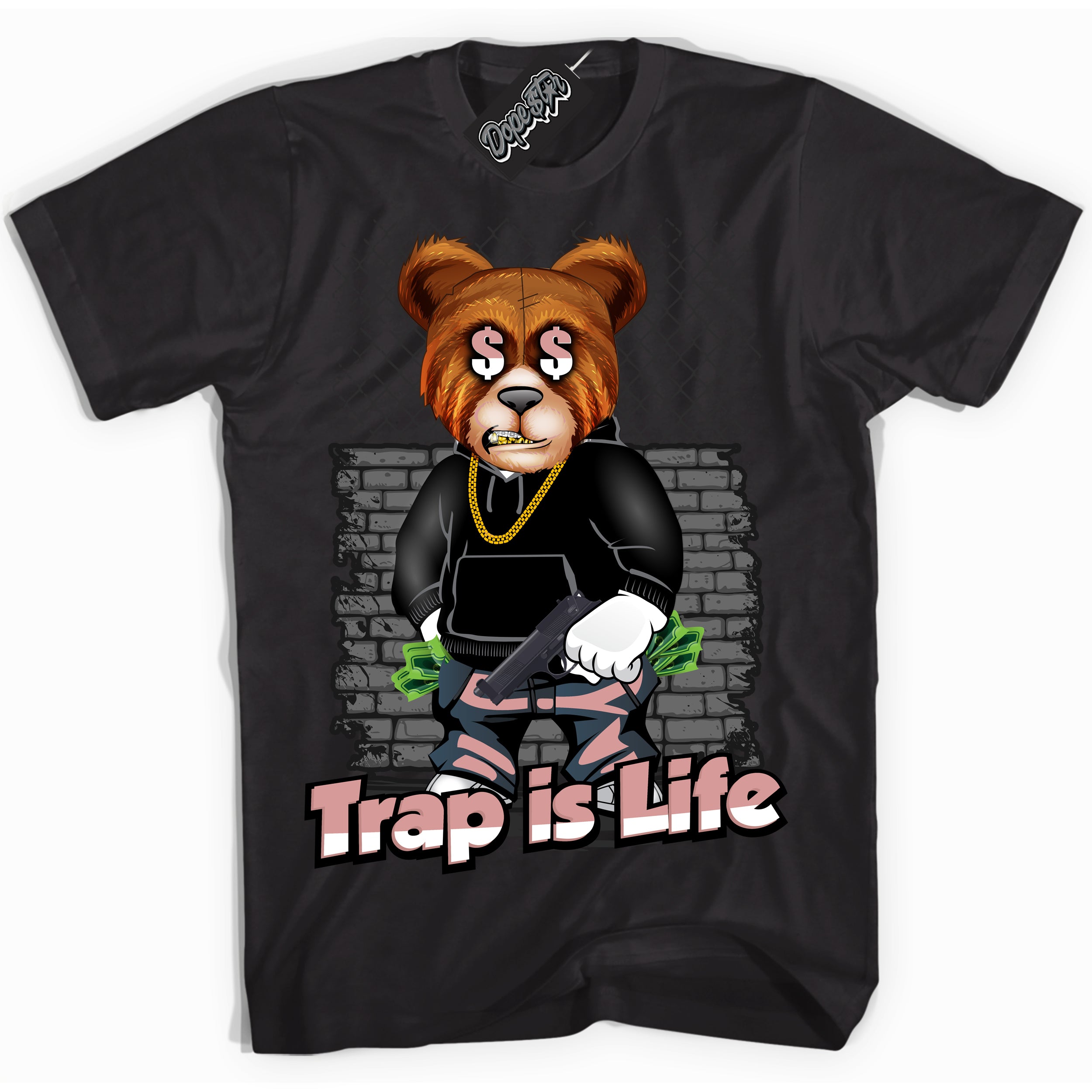 Cool Black Shirt with “ Trap Is Life ” design that perfectly matches Legend Pink 11s Jordans.