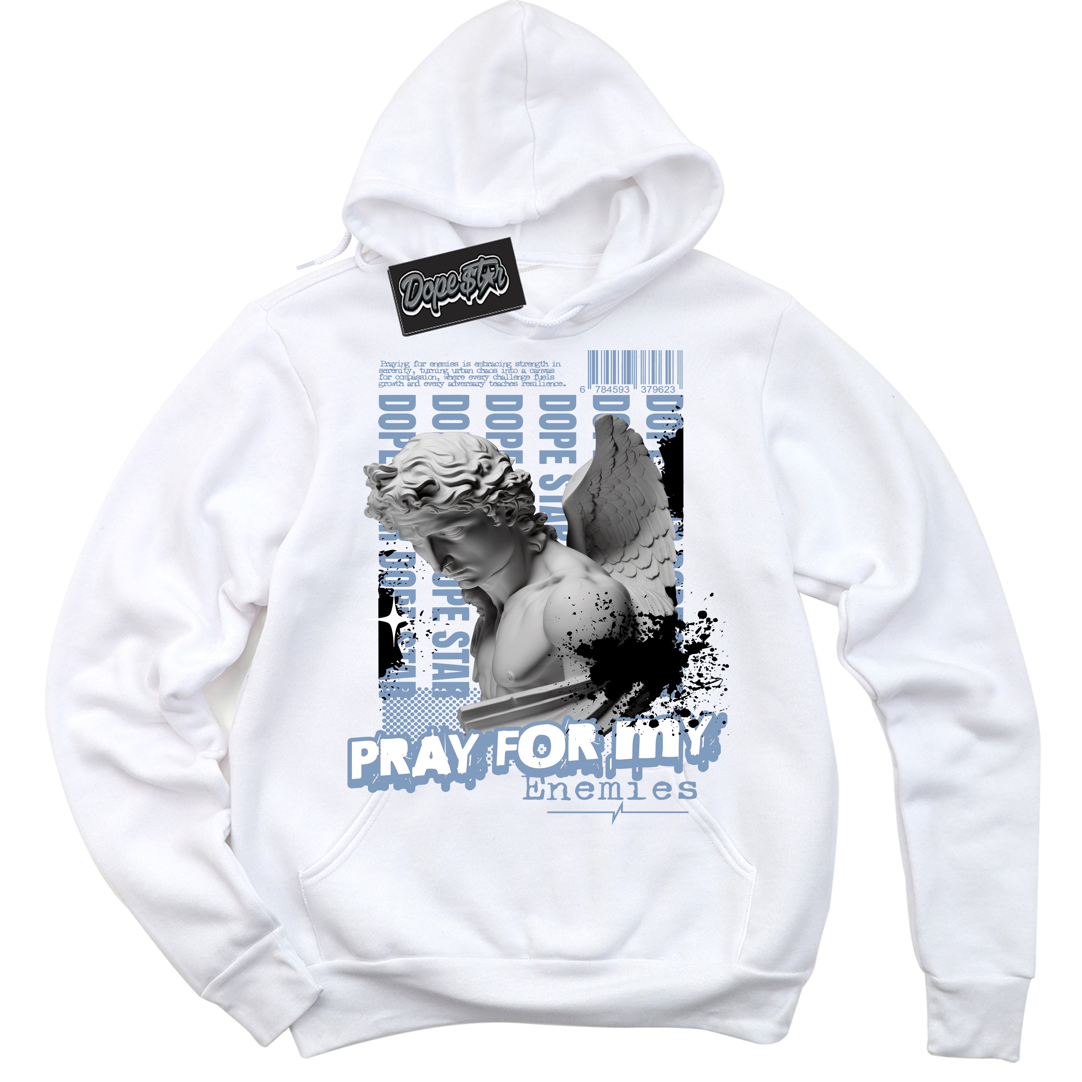 Cool White Hoodie with “ Pray Enemies ”  design that Perfectly Matches Space Jam 11s Sneakers.