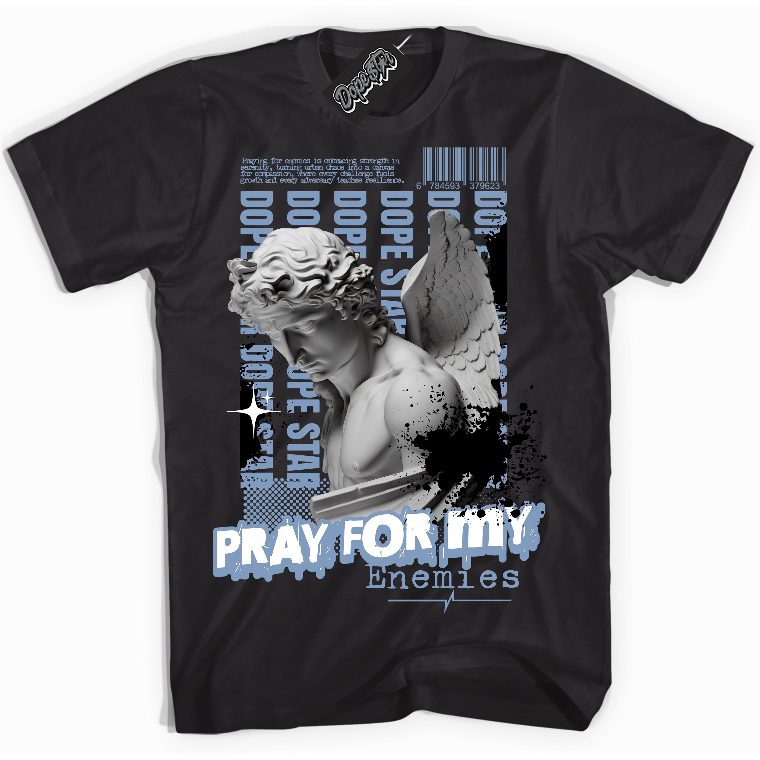 Cool Black Shirt with “ Pray Enemies” design that perfectly matches Space Jam 11s Sneakers.