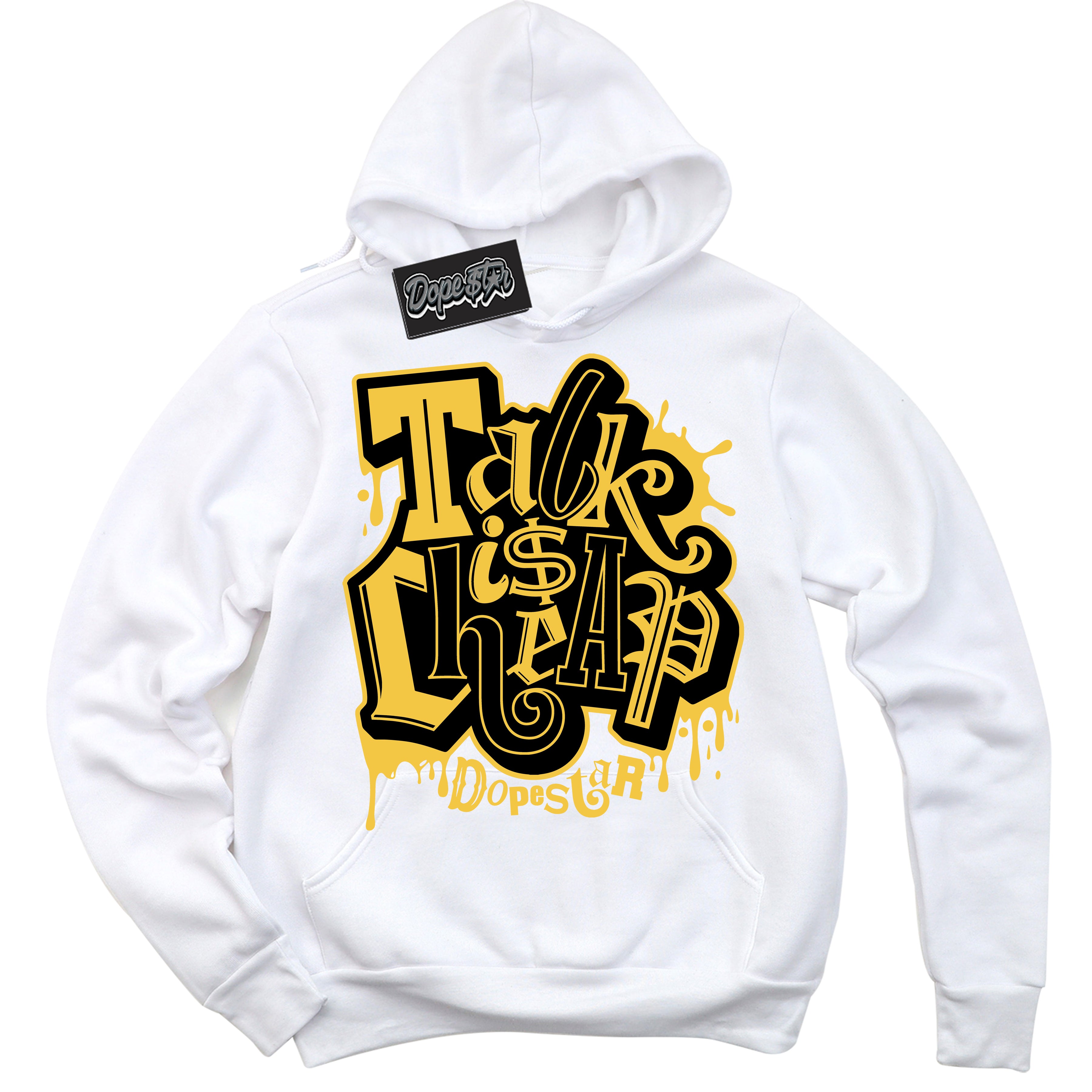 Cool White Hoodie with “ Talk Is Cheap ” design that Perfectly Matches Black Taxi 12s Sneakers.