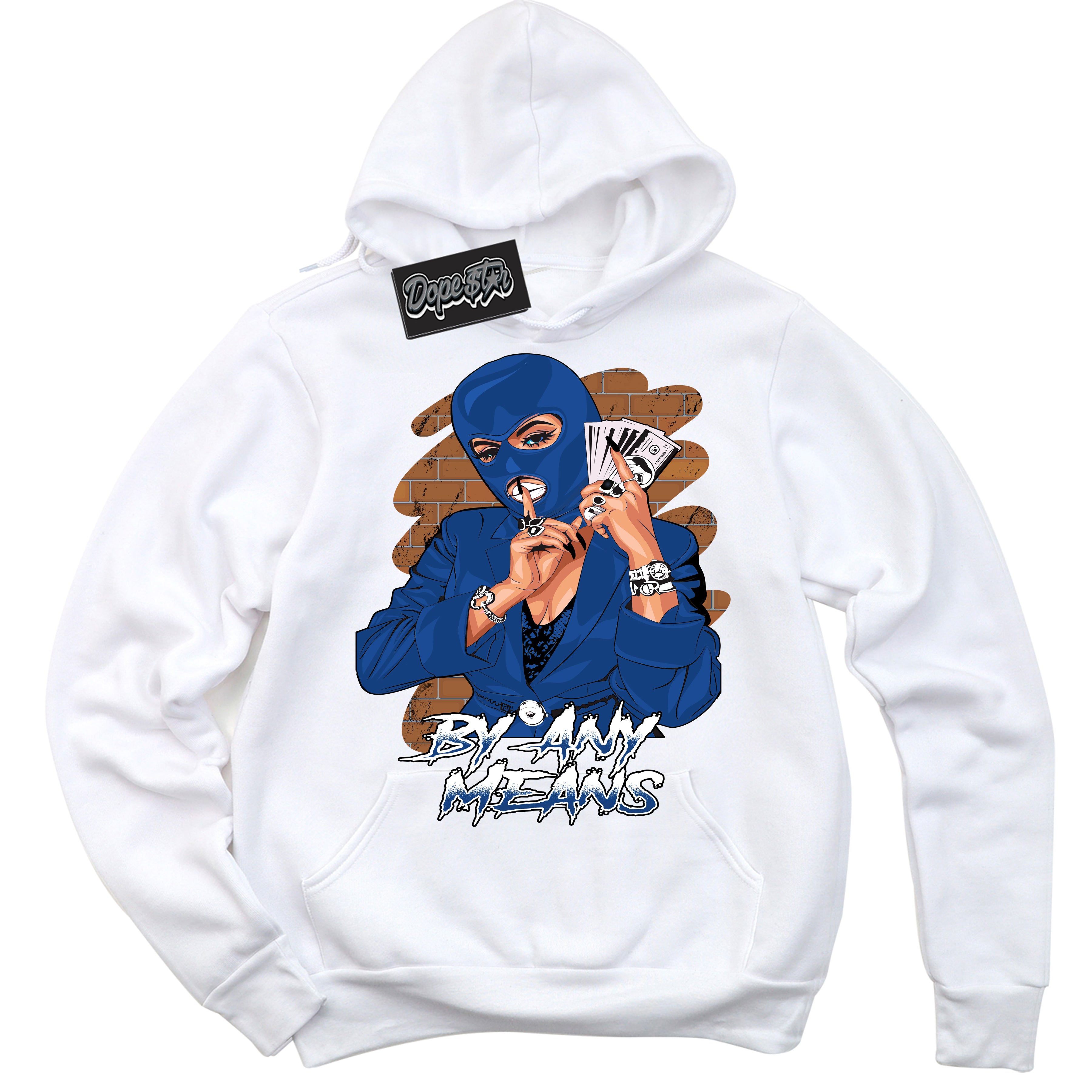AJ12 Retro Blueberry ‘By Any Means’ – White Streetwear Hoodie | Sneaker Matching sweatshirt for AJ12 Retro Blueberry | Men's and Women's Streetwear Graphic Hoodie by Sneaker Shirts Outlet.