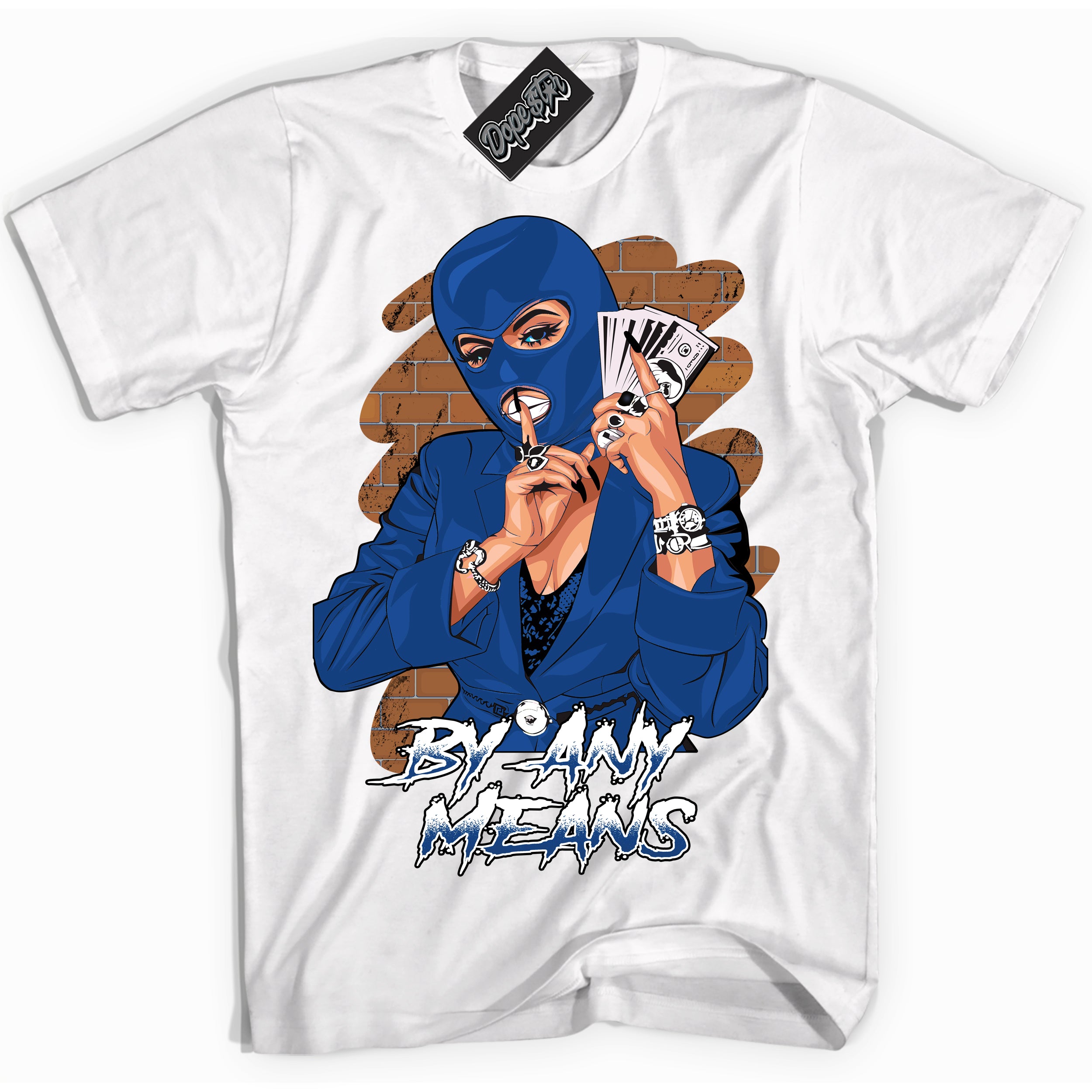 AJ12 Retro Blueberry ‘By Any Means’ – White Streetwear T-Shirt | Sneaker Matching shirt for AJ12 Retro Blueberry | Men's and Women's Streetwear Graphic Tee by Sneaker Shirts Outlet.