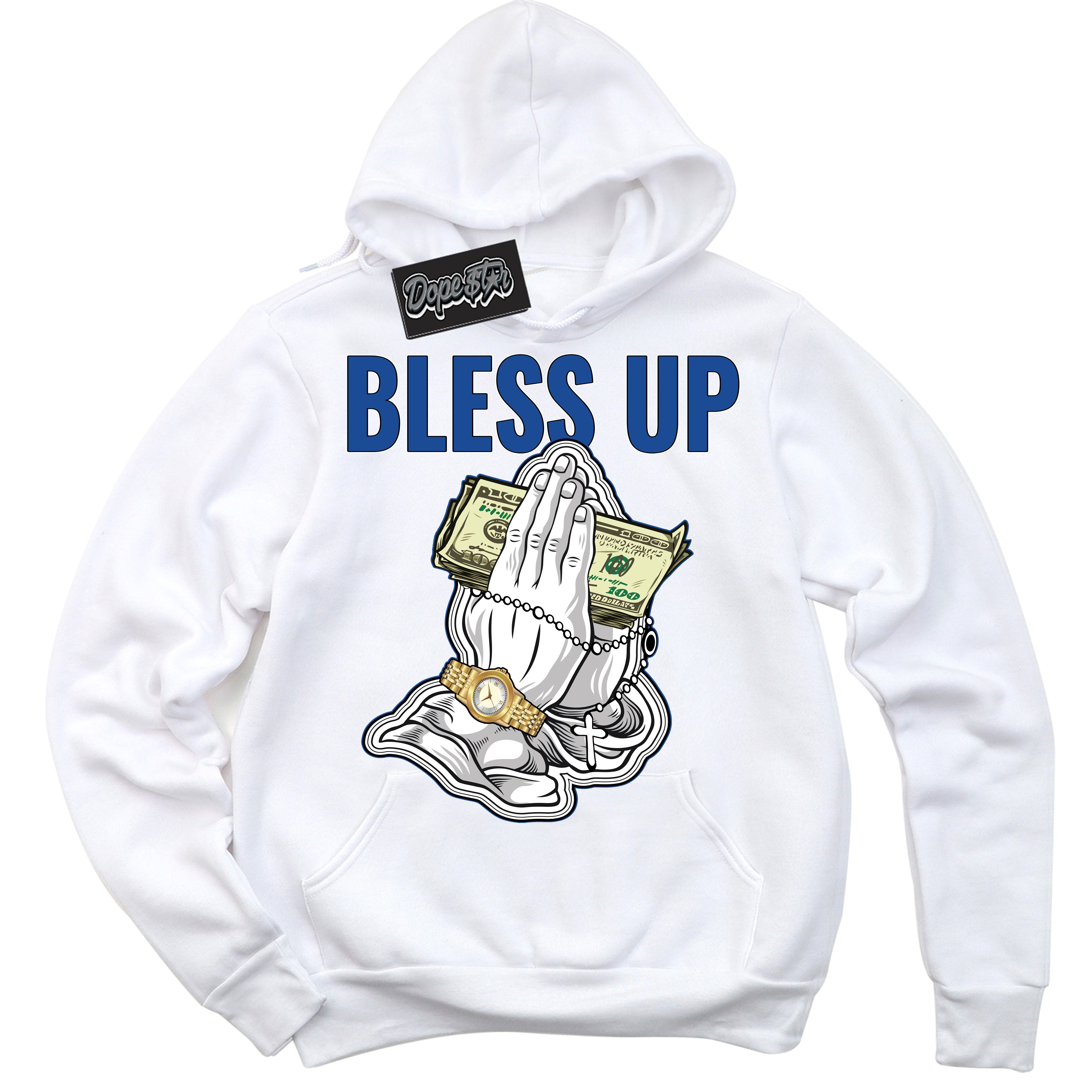AJ12 Retro Blueberry ‘Bless Up’ – White Streetwear Hoodie | Sneaker Matching sweatshirt for AJ12 Retro Blueberry | Men's and Women's Streetwear Graphic Hoodie by Sneaker Shirts Outlet.