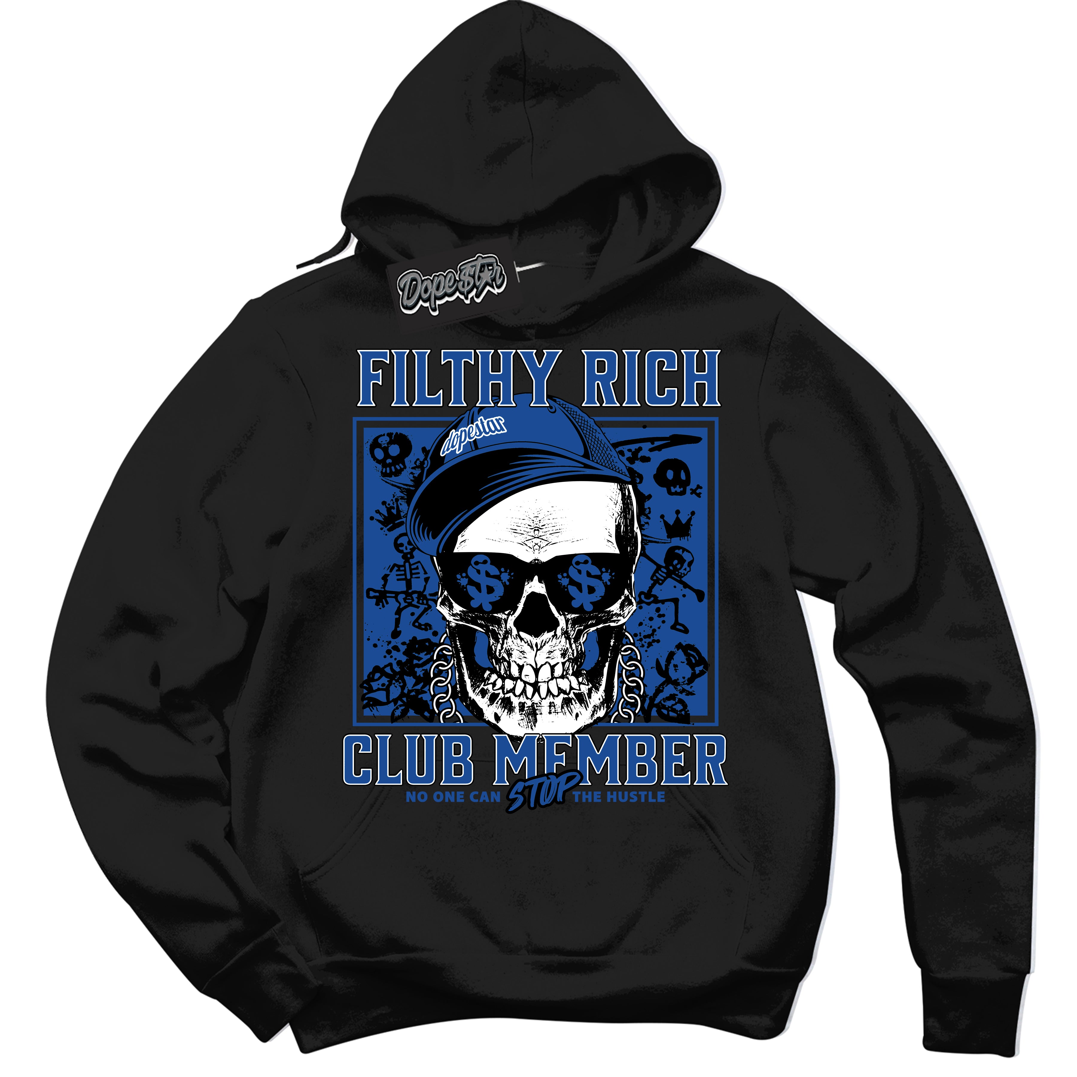 AJ12 Retro Blueberry ‘Filthy Rich’ – Black Streetwear Hoodie | Sneaker Matching sweatshirt for AJ12 Retro Blueberry | Men's and Women's Streetwear Graphic Hoodie by Sneaker Shirts Outlet.