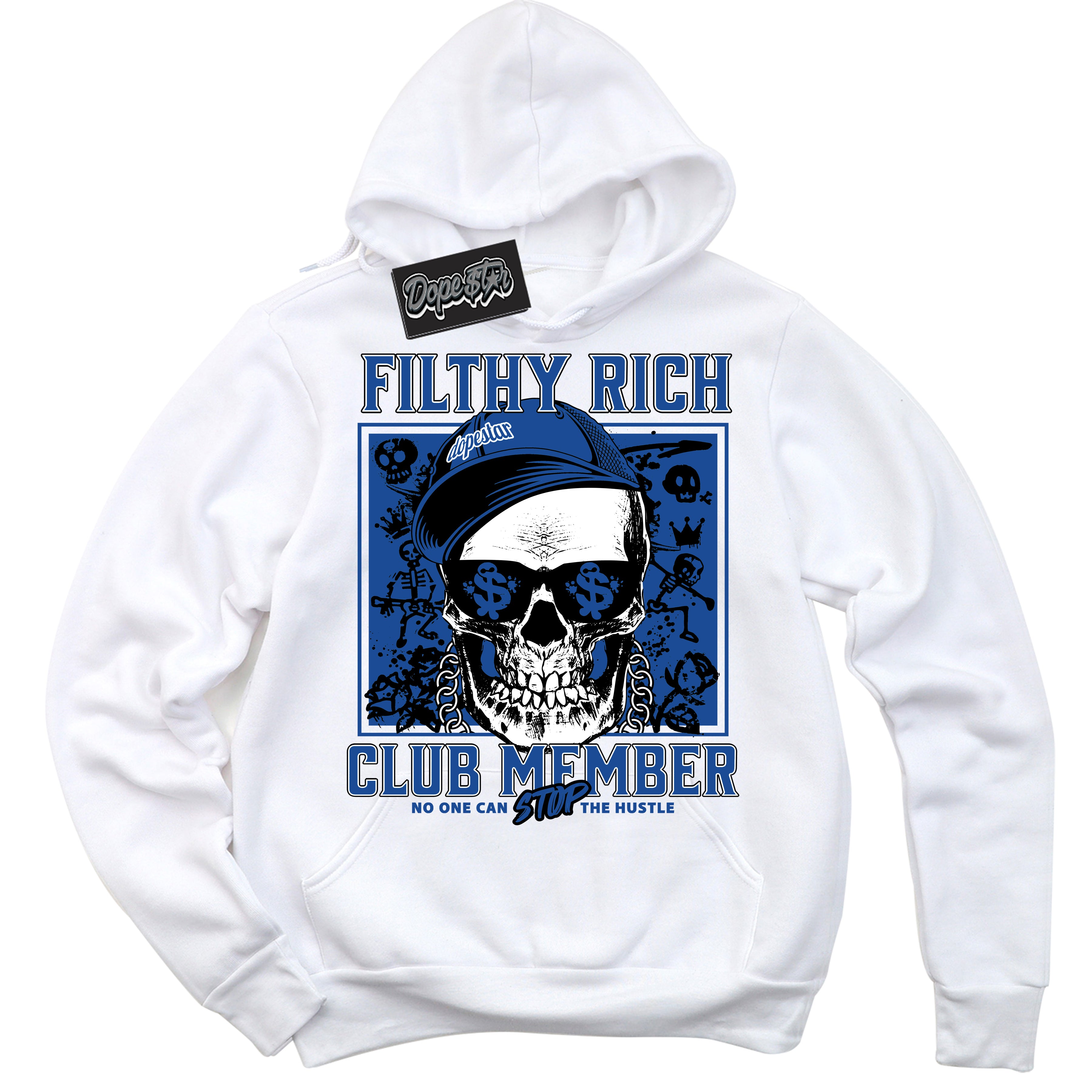 AJ12 Retro Blueberry ‘Filthy Rich’ – White Streetwear Hoodie | Sneaker Matching sweatshirt for AJ12 Retro Blueberry | Men's and Women's Streetwear Graphic Hoodie by Sneaker Shirts Outlet.