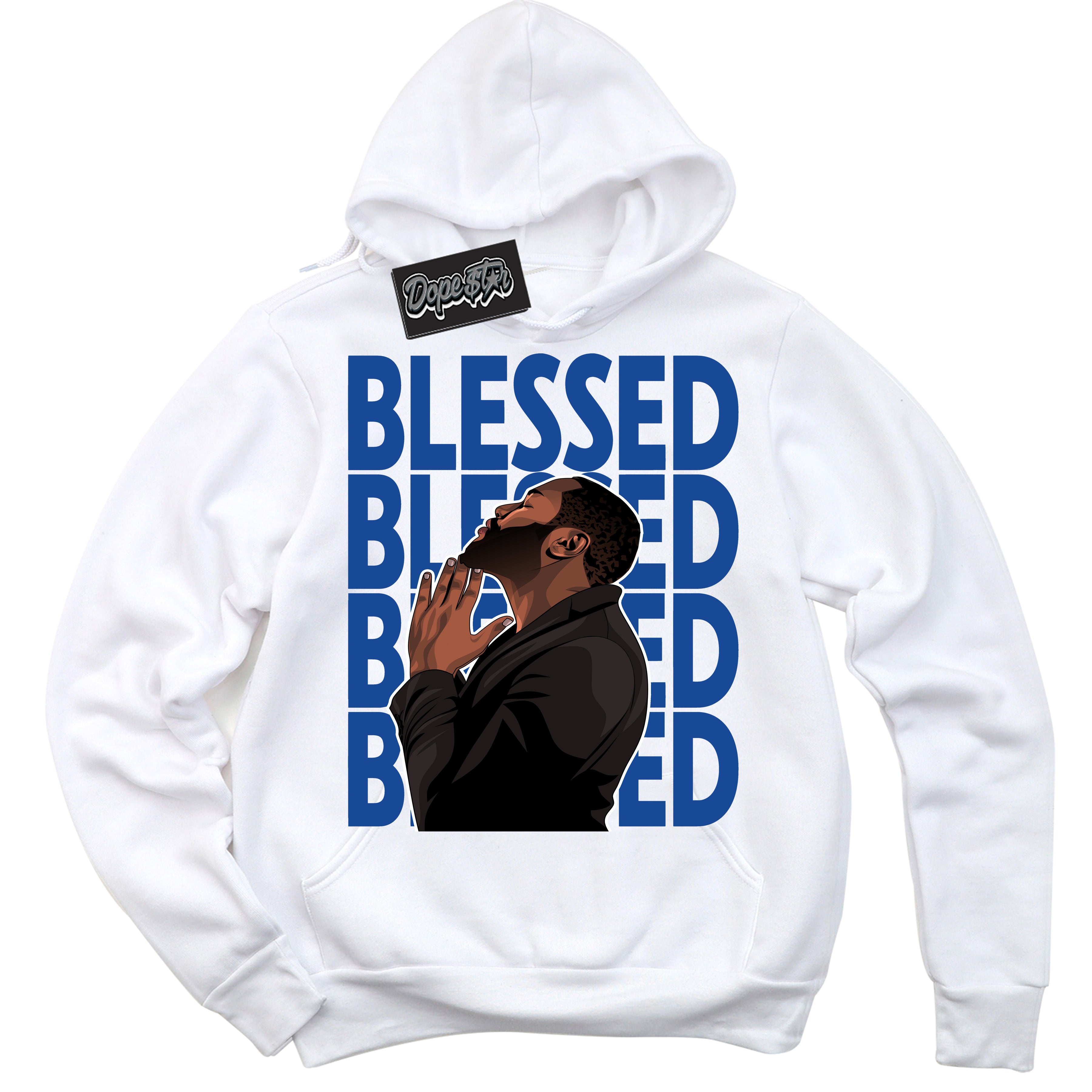 AJ12 Retro Blueberry ‘God Blessed’ – White Streetwear Hoodie | Sneaker Matching sweatshirt for AJ12 Retro Blueberry | Men's and Women's Streetwear Graphic Hoodie by Sneaker Shirts Outlet.
