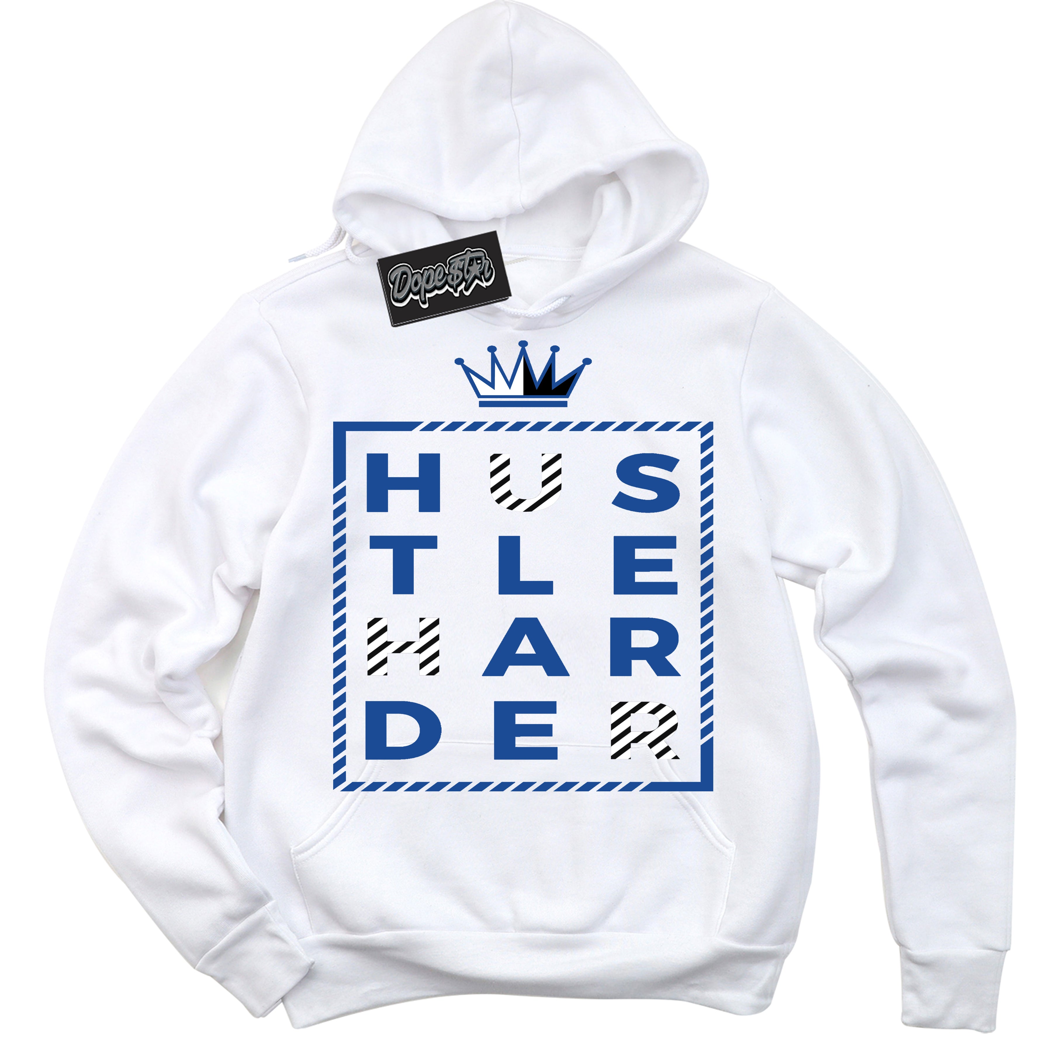AJ12 Retro Blueberry ‘Hustle Harder’ – White Streetwear Hoodie | Sneaker Matching sweatshirt for AJ12 Retro Blueberry | Men's and Women's Streetwear Graphic Hoodie by Sneaker Shirts Outlet.