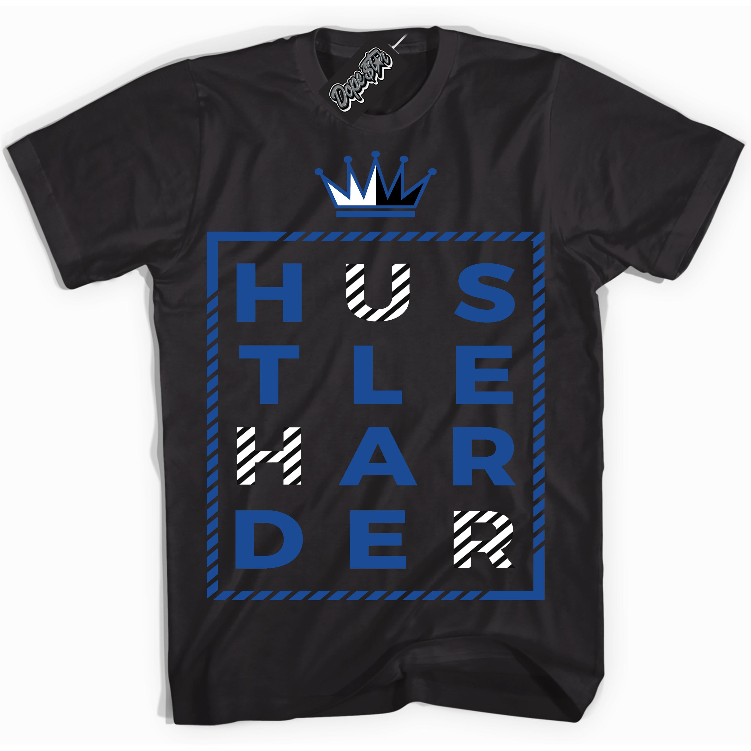 AJ12 Retro Blueberry ‘Hustle Harder’ – Black Streetwear T-Shirt | Sneaker Matching shirt for AJ12 Retro Blueberry | Men's and Women's Streetwear Graphic Tee by Sneaker Shirts Outlet.