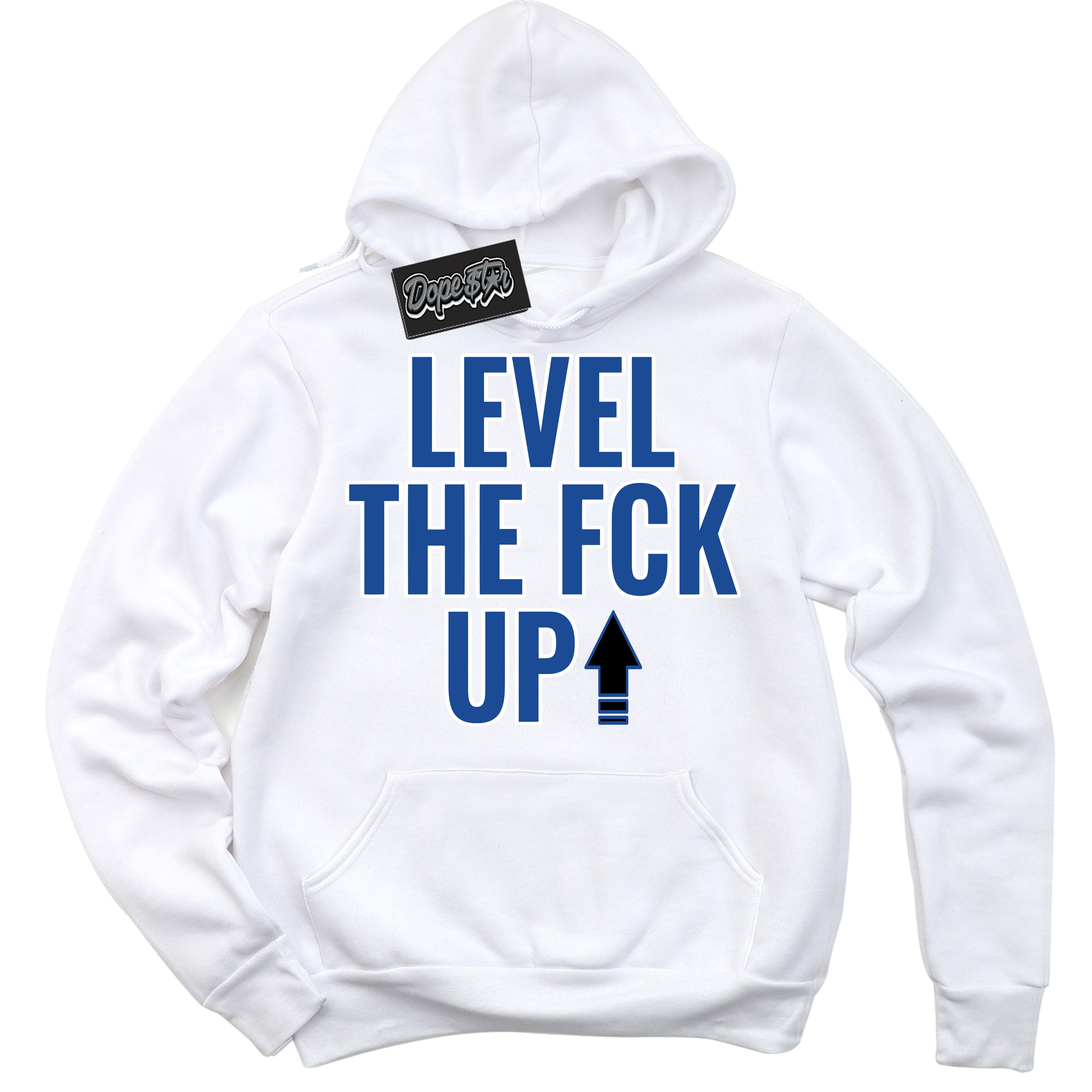 AJ12 Retro Blueberry ‘Level The Fck Up’ – White Streetwear Hoodie | Sneaker Matching sweatshirt for AJ12 Retro Blueberry | Men's and Women's Streetwear Graphic Hoodie by Sneaker Shirts Outlet.