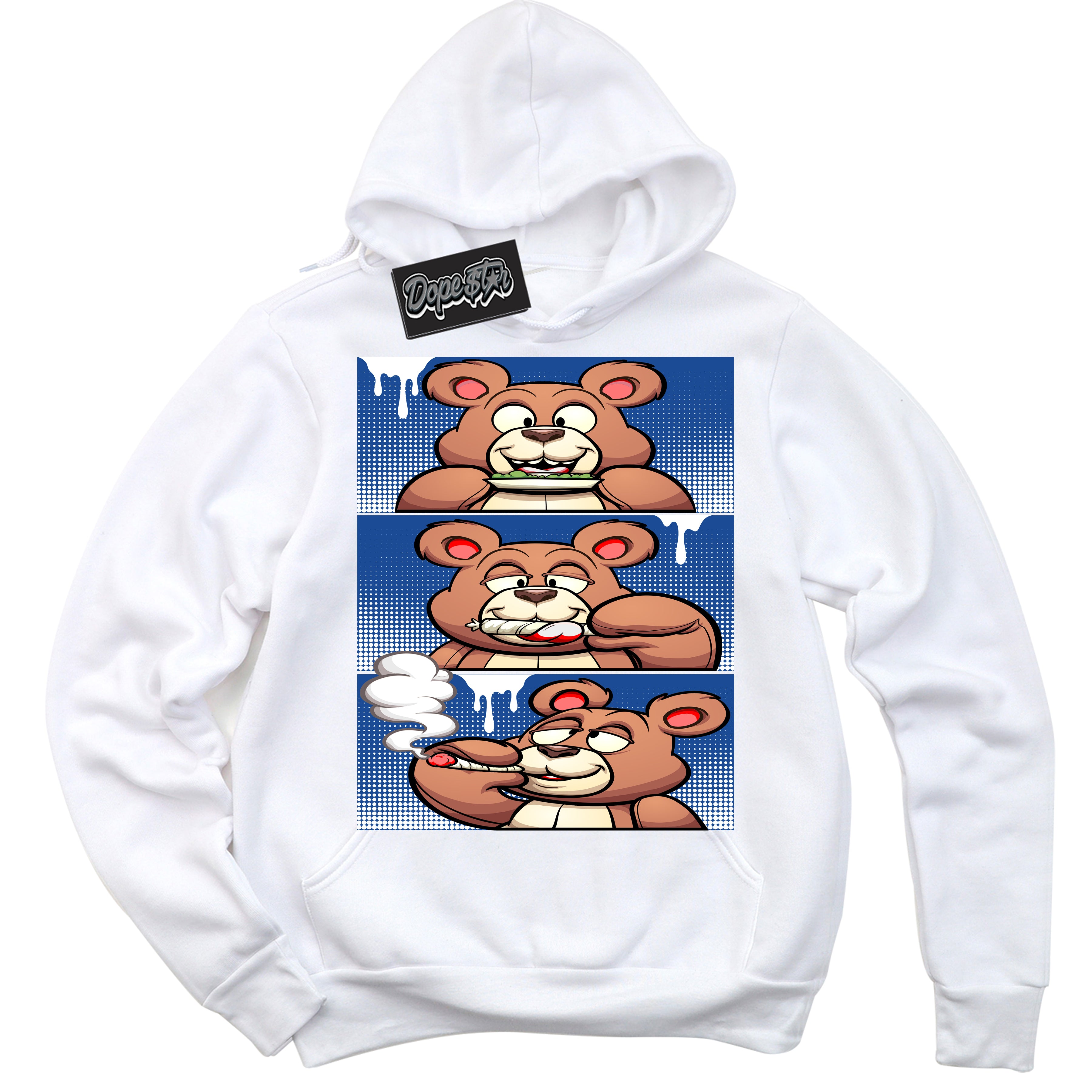 AJ12 Retro Blueberry ‘Roll It Lick It Smoke It Bear’ – White Streetwear Hoodie | Sneaker Matching sweatshirt for AJ12 Retro Blueberry | Men's and Women's Streetwear Graphic Hoodie by Sneaker Shirts Outlet.