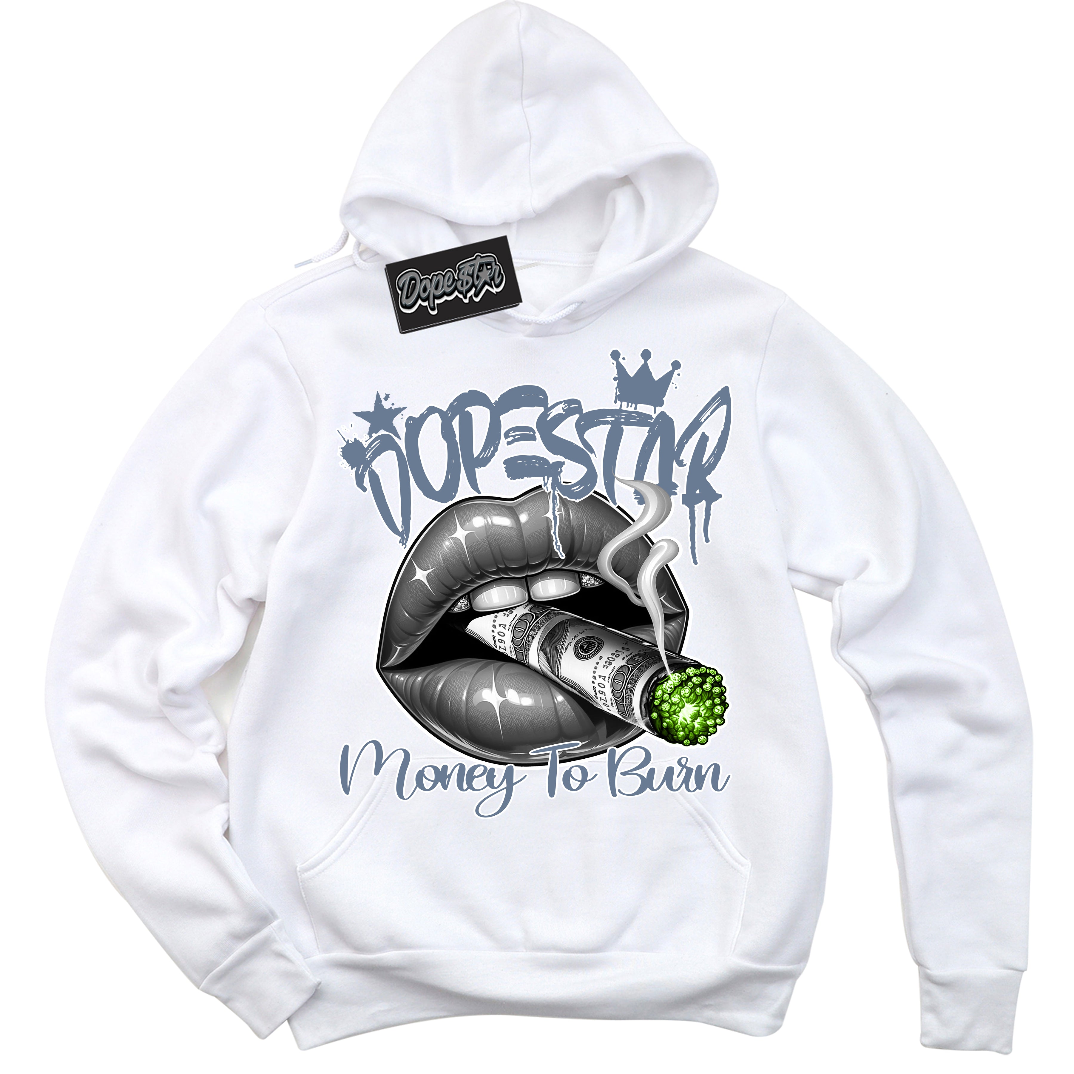 Cool White Hoodie with “ Money To Burn ”  design that Perfectly Matches Blue Grey 13s Sneakers.