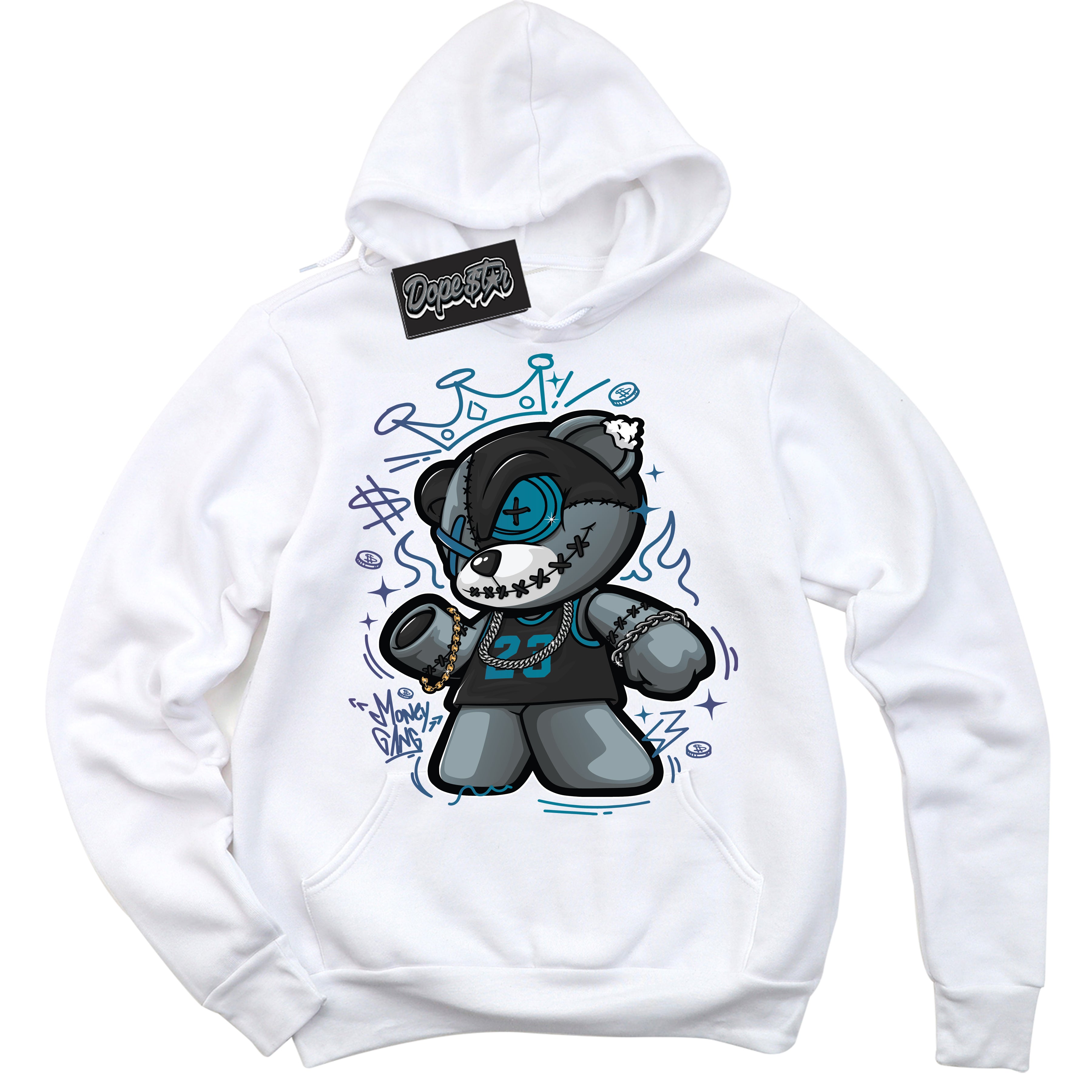Cool White Hoodie with “ Money Gang Bear ”  design that Perfectly Matches Love Letter 14s Sneakers.